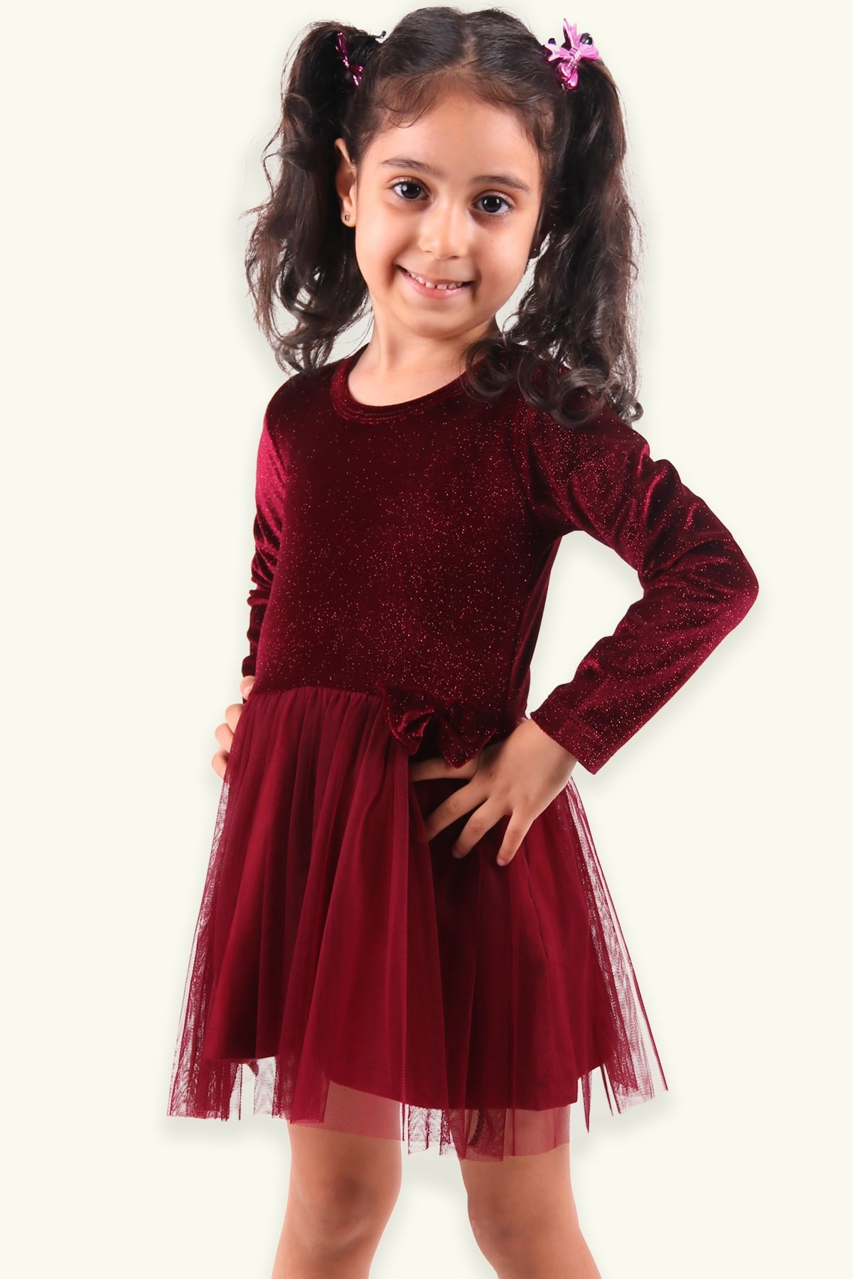 Breeze Kız Çocuk Kadife Elbise Simli Bordo(3 Yaş)