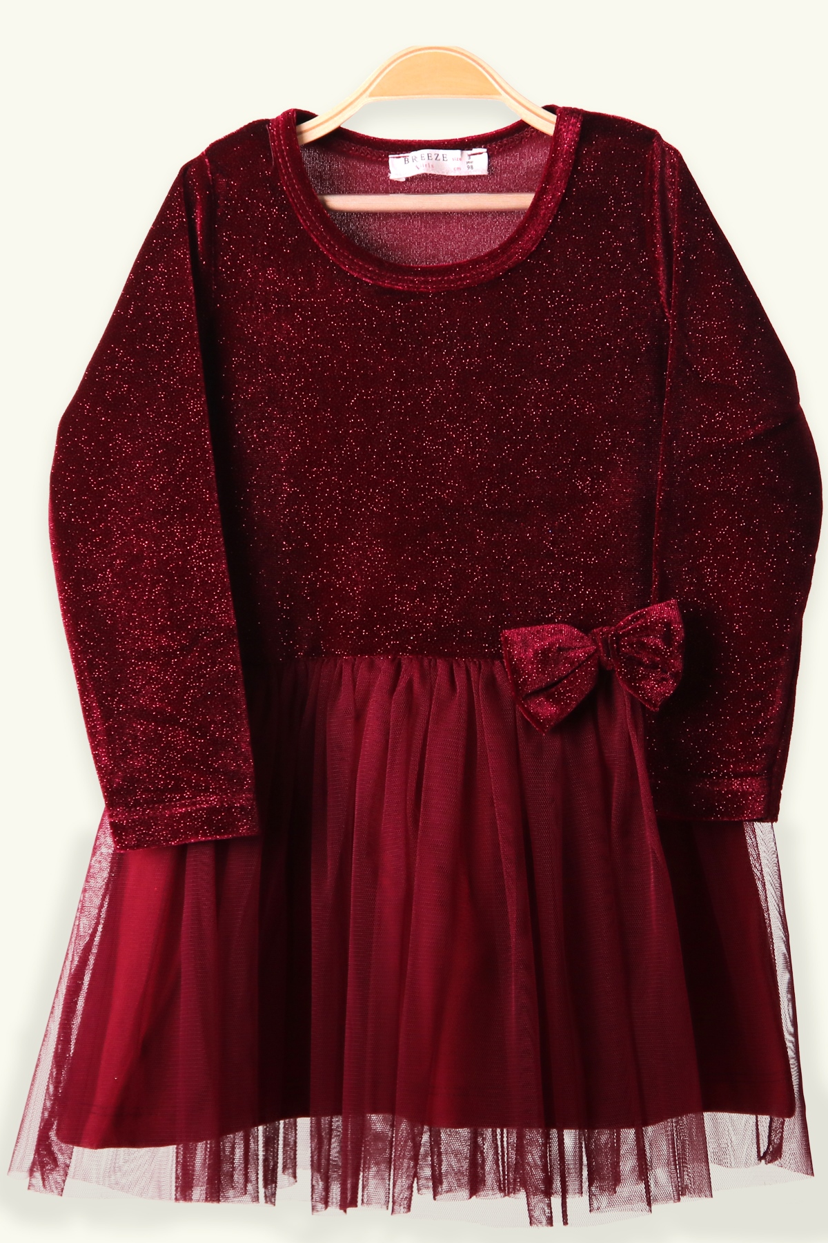 Breeze Kız Çocuk Kadife Elbise Simli Bordo(3 Yaş)