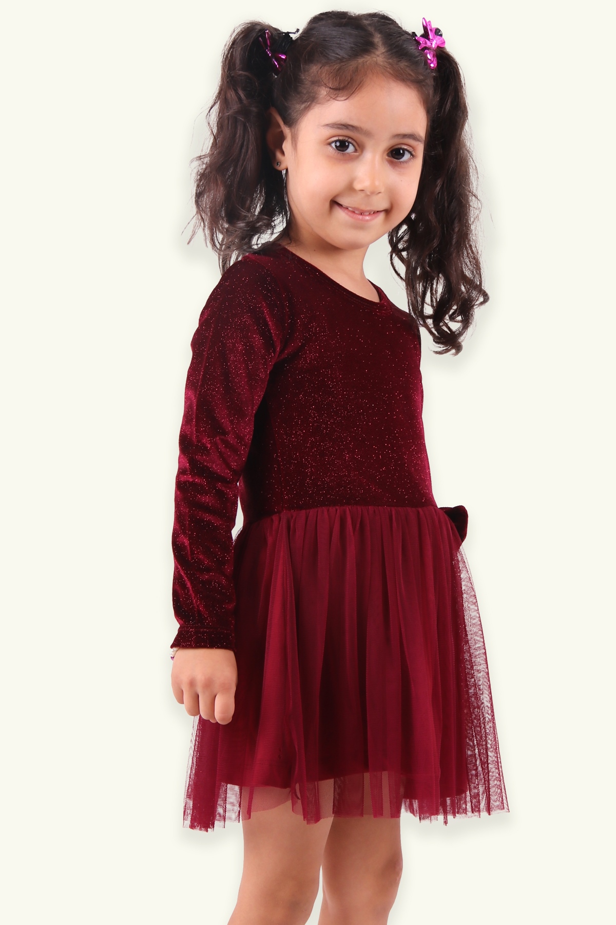 Breeze Kız Çocuk Kadife Elbise Simli Bordo(3 Yaş)