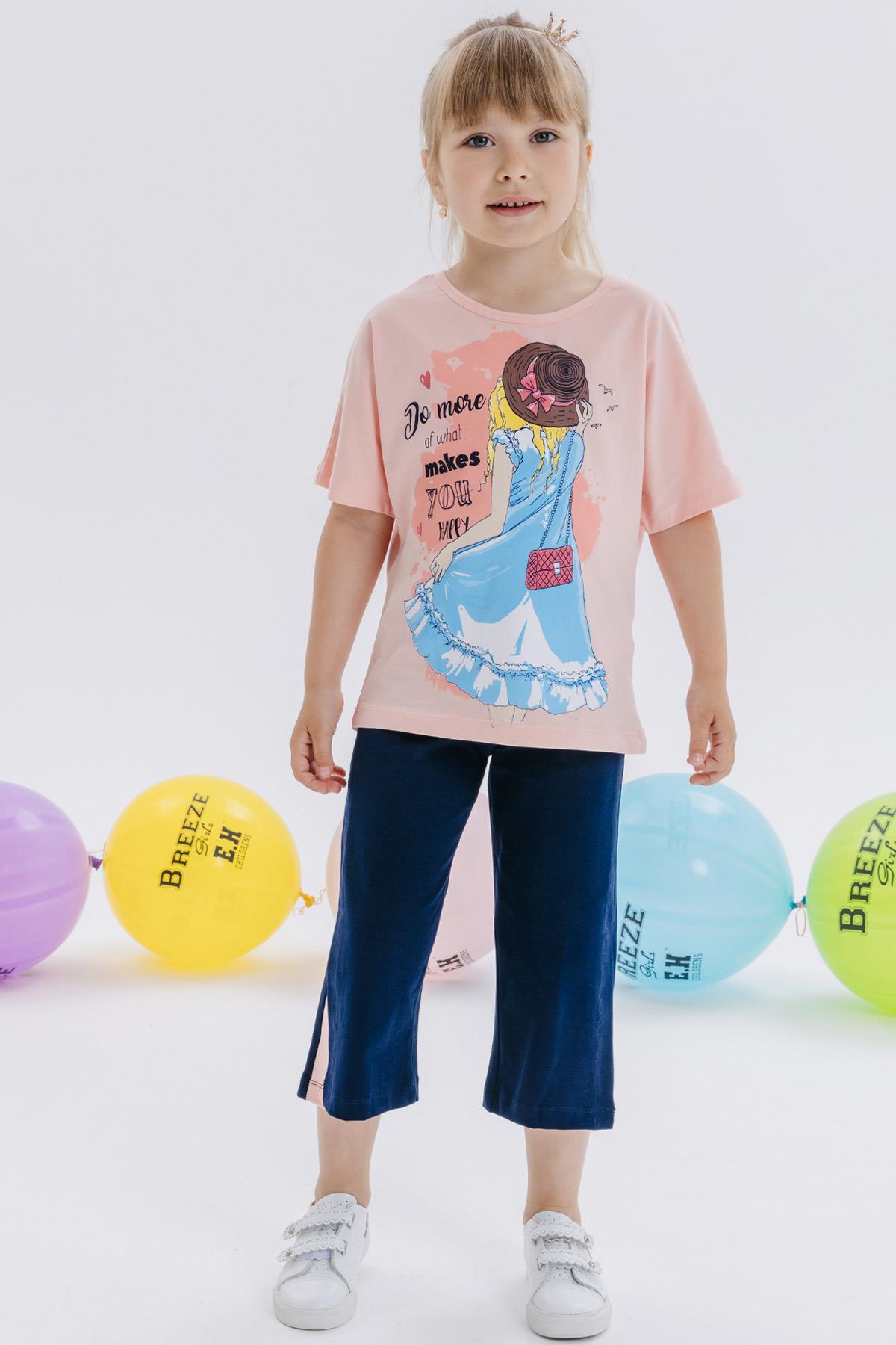 Breeze Kız Çocuk Kapri Pantolonlu Takım Baskılı Somon (6-12 Yaş)