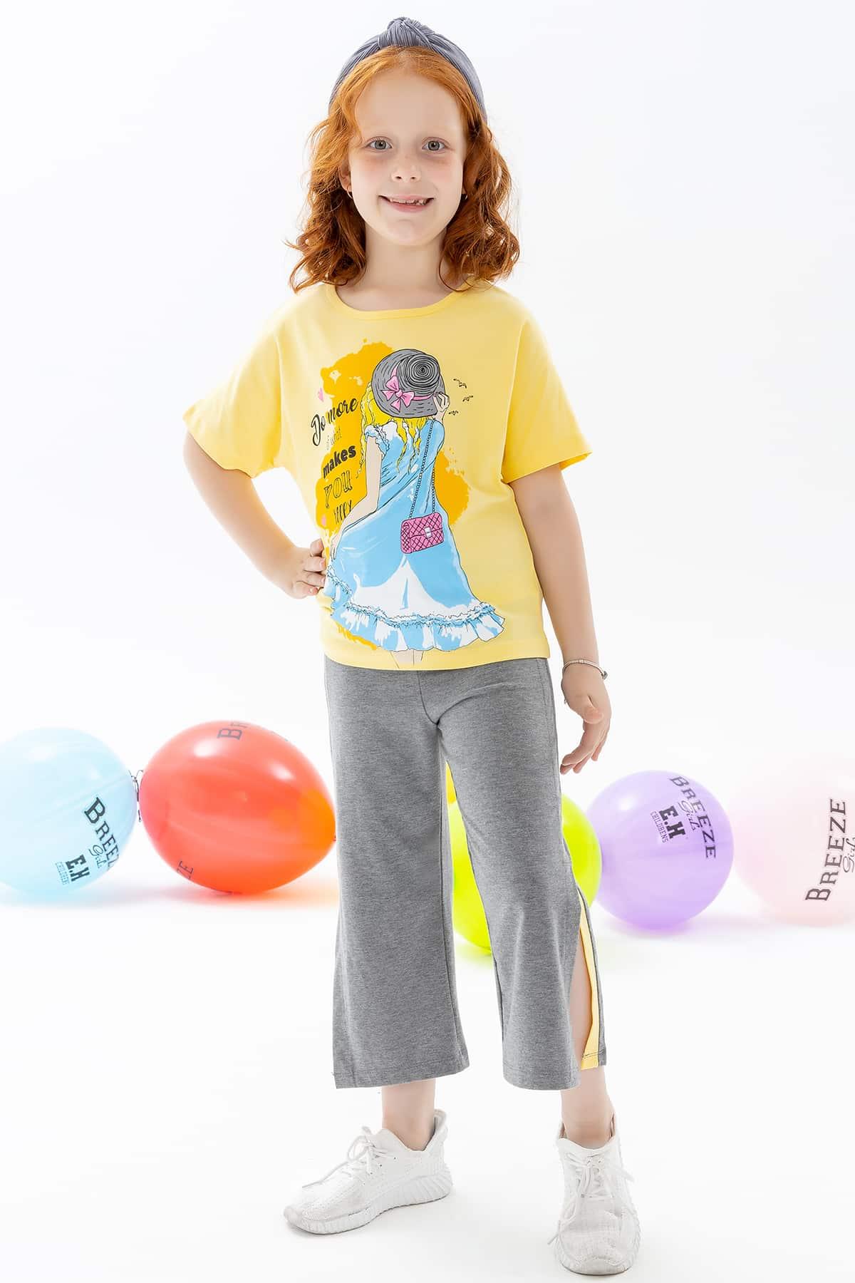 Breeze Kız Çocuk Kapri Pantolonlu Takım Baskılı Sarı (6-12 Yaş)