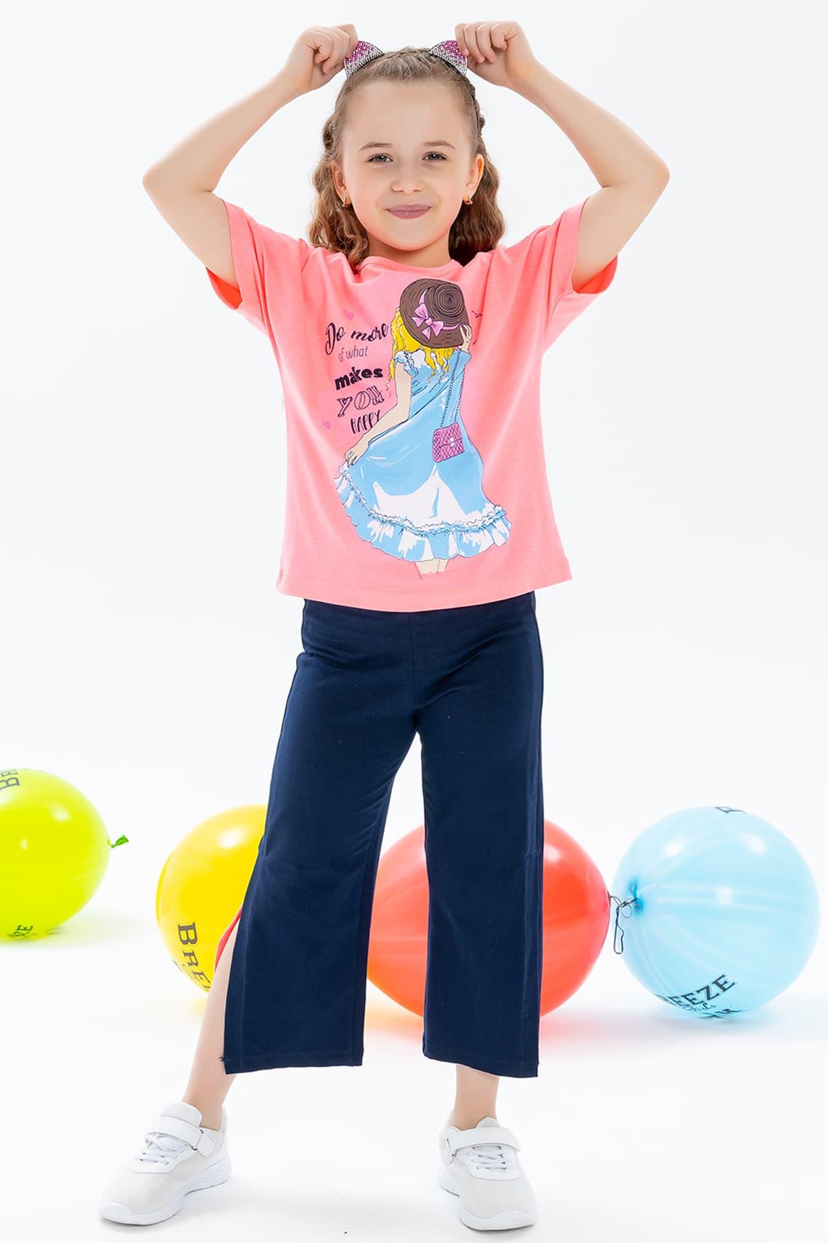Breeze Kız Çocuk Kapri Pantolonlu Takım Baskılı Neon Pembe (6-12 Yaş)