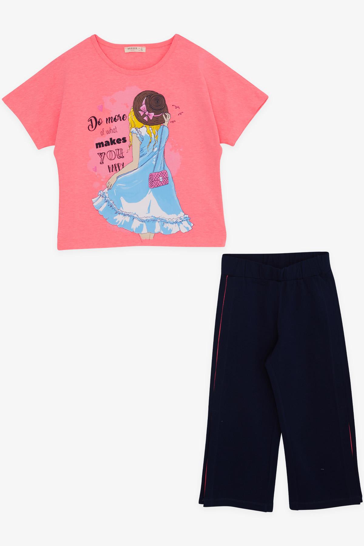 Breeze Kız Çocuk Kapri Pantolonlu Takım Baskılı Neon Pembe (6-12 Yaş)