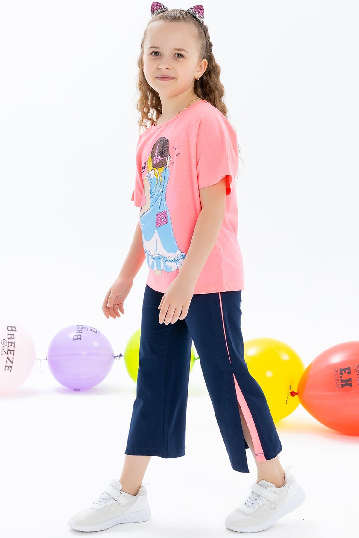 Breeze Kız Çocuk Kapri Pantolonlu Takım Baskılı Neon Pembe (6-12 Yaş)