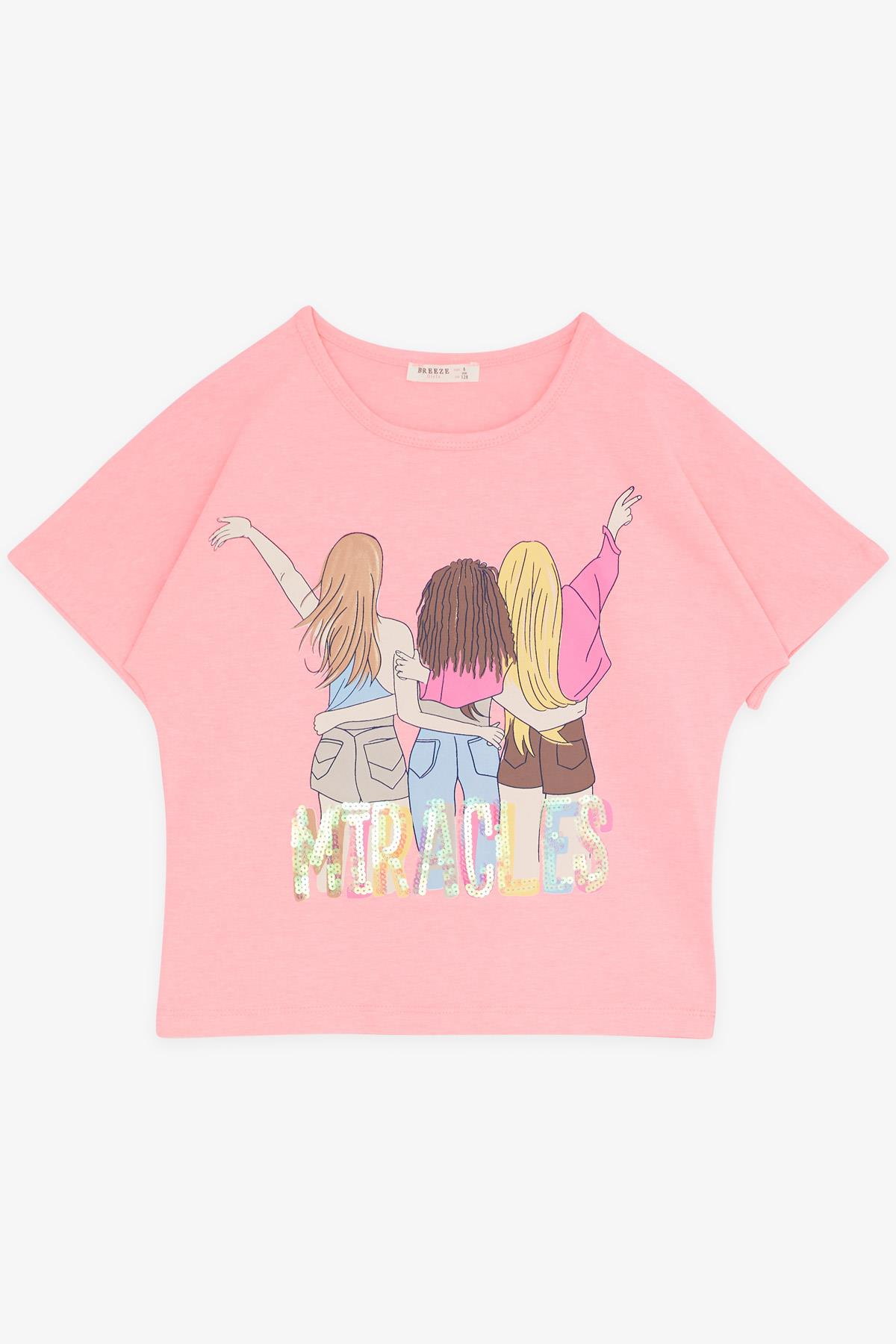 Breeze Kız Çocuk Kapri Takım Arkadaş Temalı Pullu Neon Pembe (6-12 Yaş)