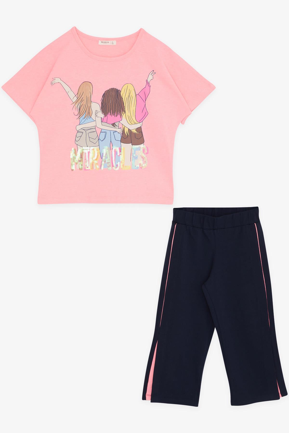 Breeze Kız Çocuk Kapri Takım Arkadaş Temalı Pullu Neon Pembe (6-12 Yaş)