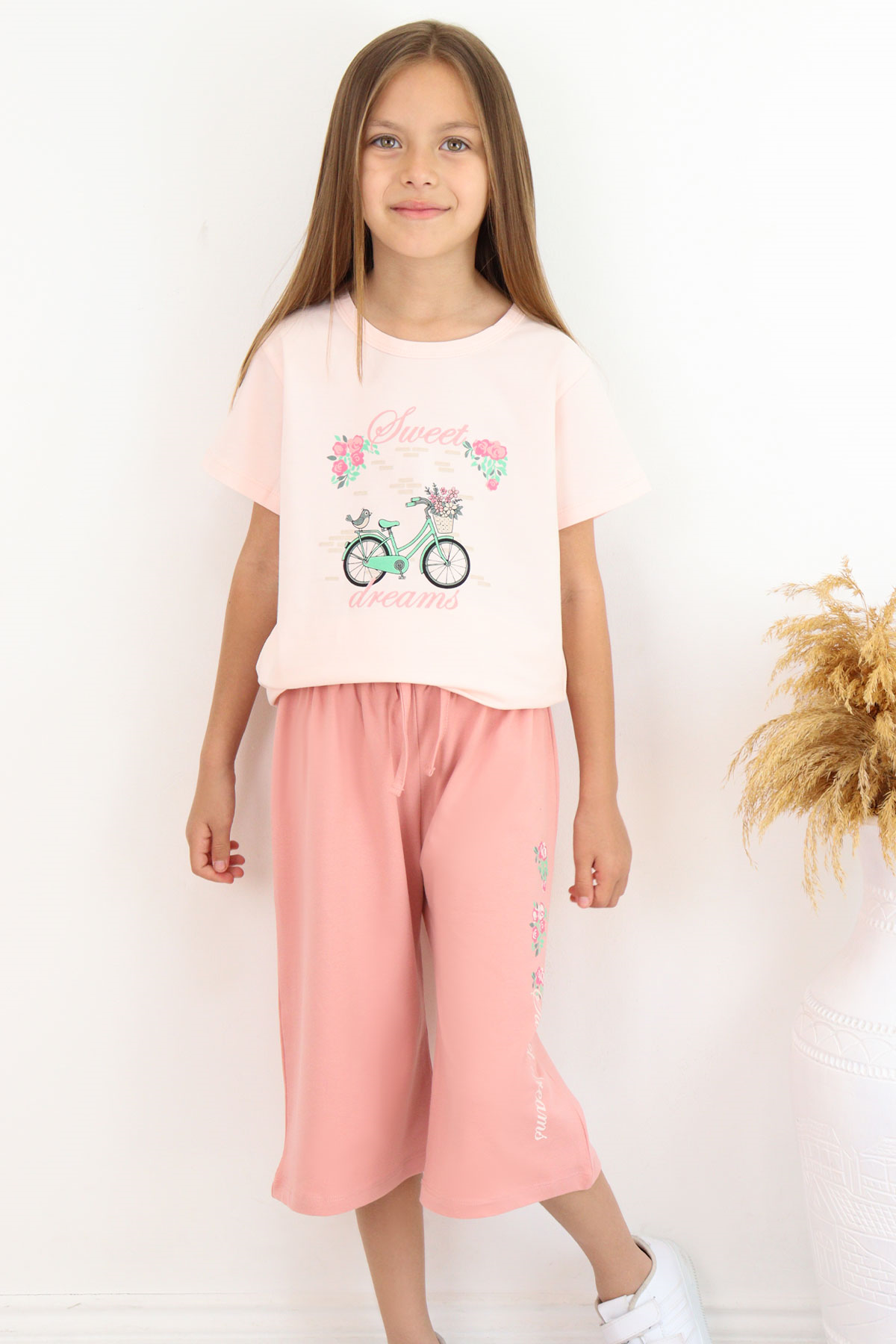 Breeze Kız Çocuk Kapri Takım Çiçek ve Kuş Figürlü Pudra (5-10 Yaş)
