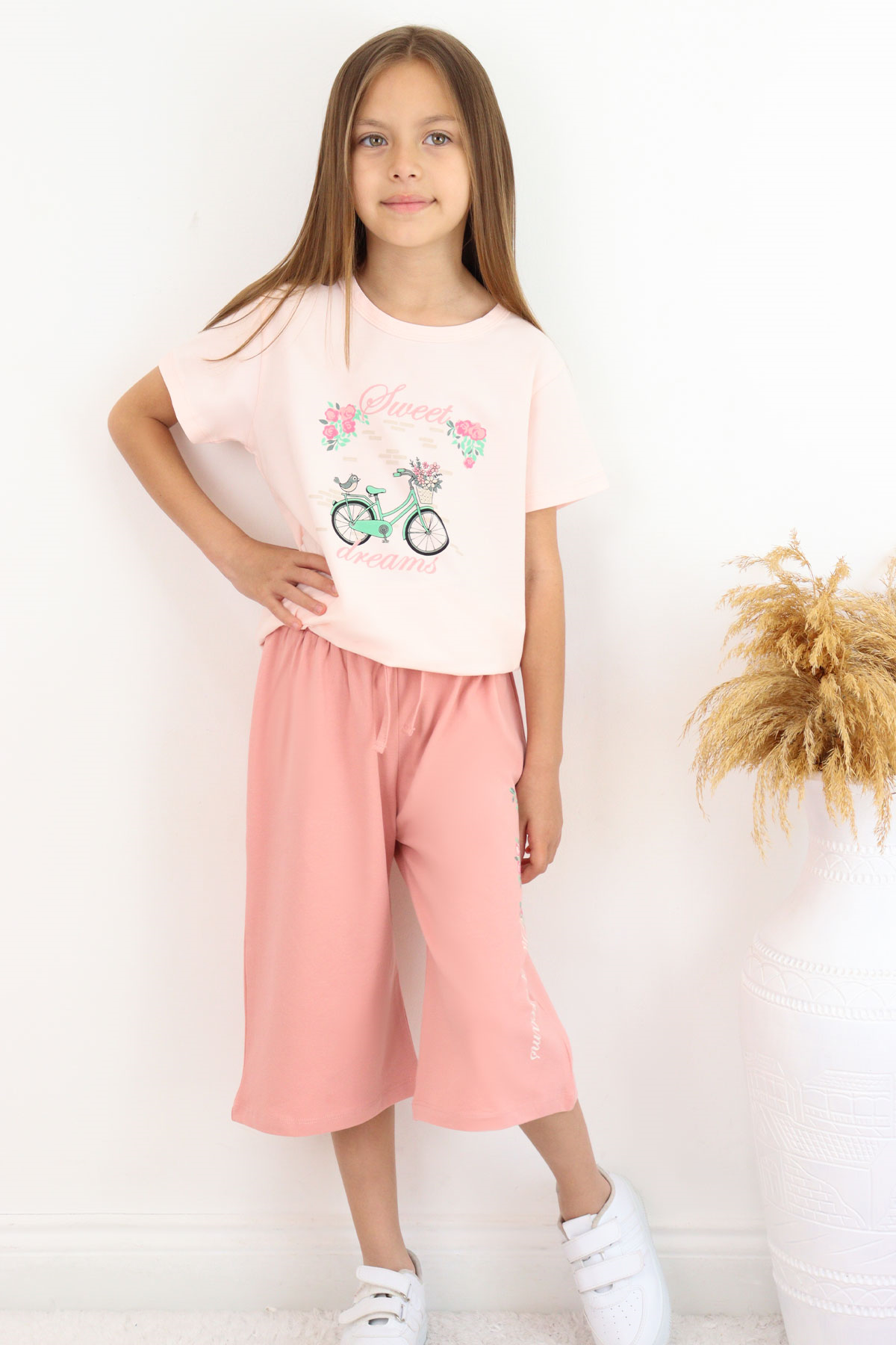 Breeze Kız Çocuk Kapri Takım Çiçek ve Kuş Figürlü Pudra (5-10 Yaş)