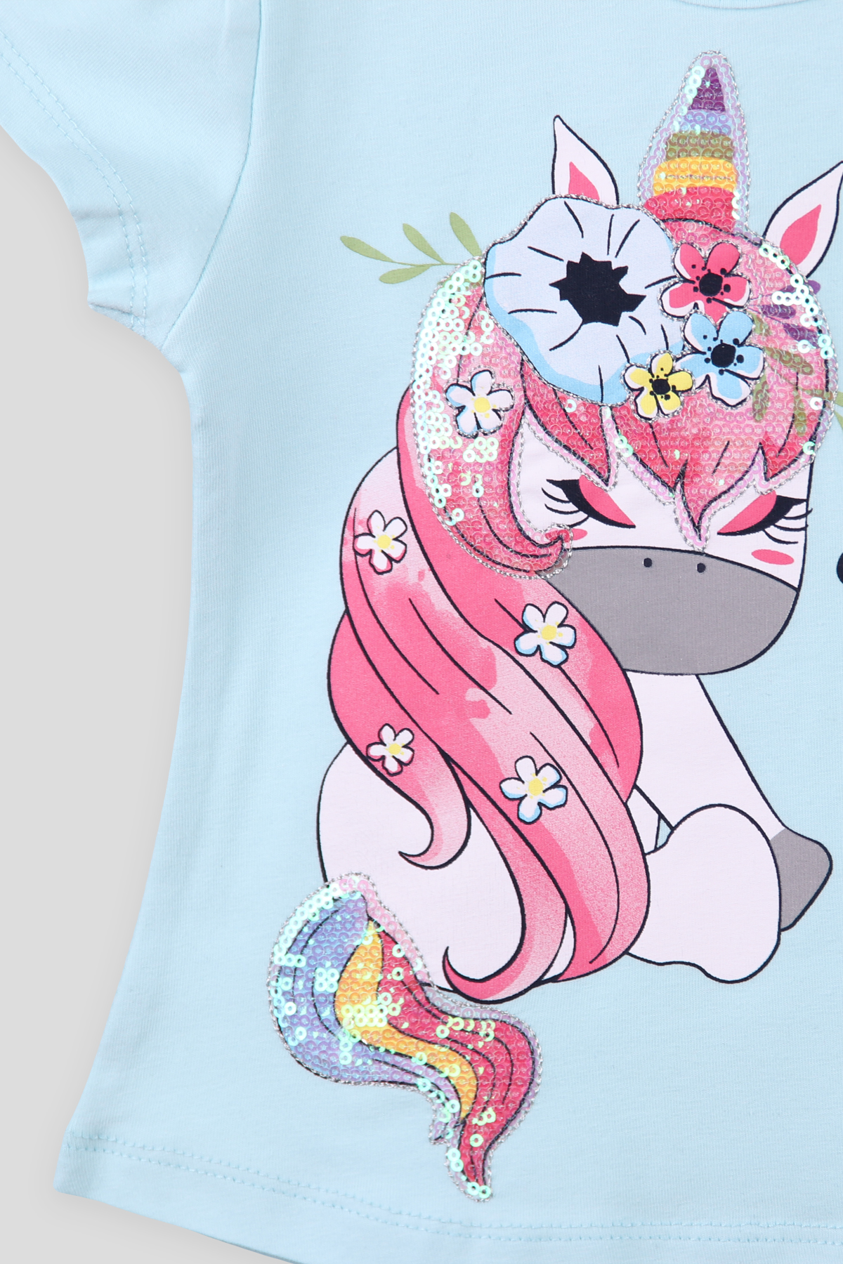 Breeze Kız Çocuk Kapri Takım Pullu Unicornlu Turkuaz (1.5-5 Yaş)