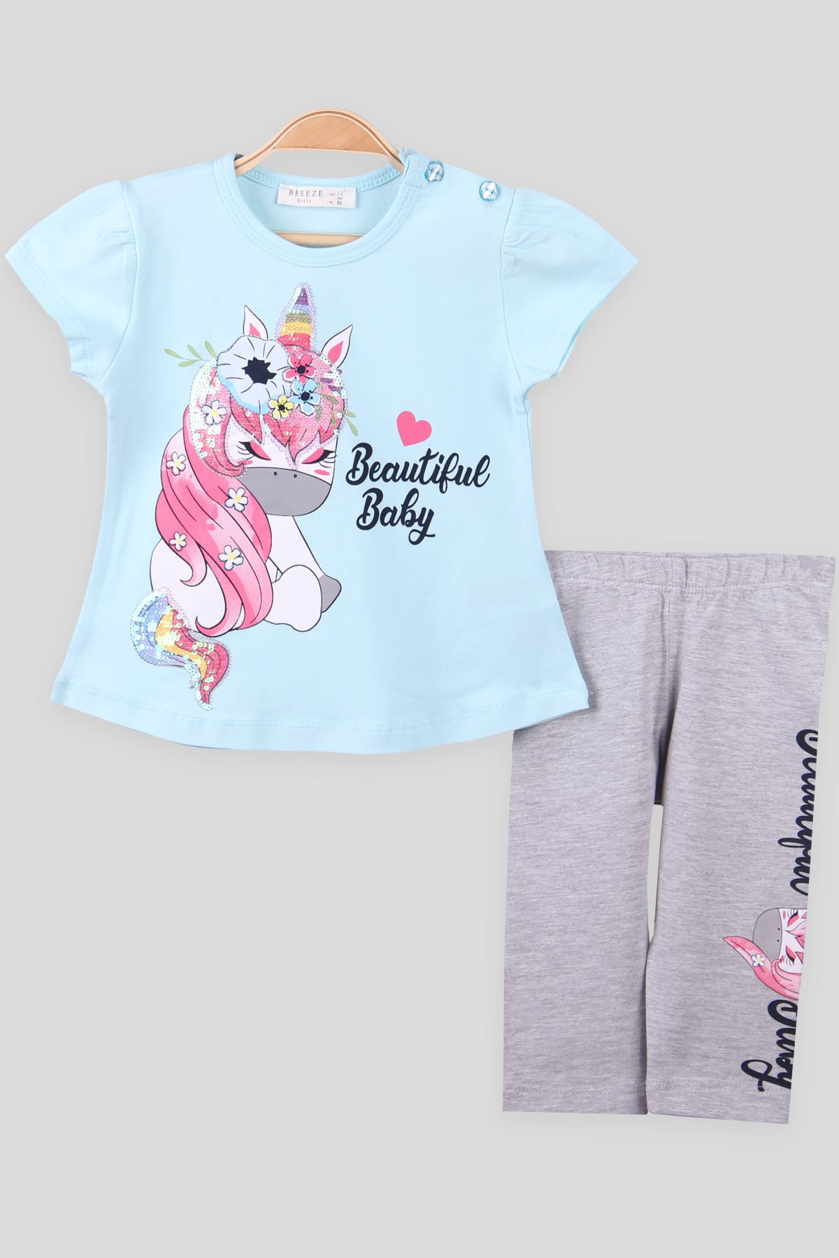 Breeze Kız Çocuk Kapri Takım Pullu Unicornlu Turkuaz (1.5-5 Yaş)