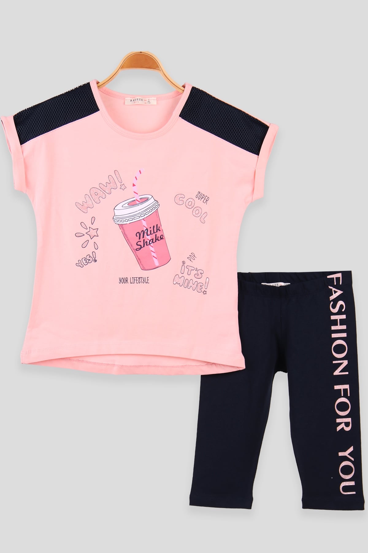 Breeze Kız Çocuk Kapri Takım Simli Desenli Somon (5-10 Yaş)