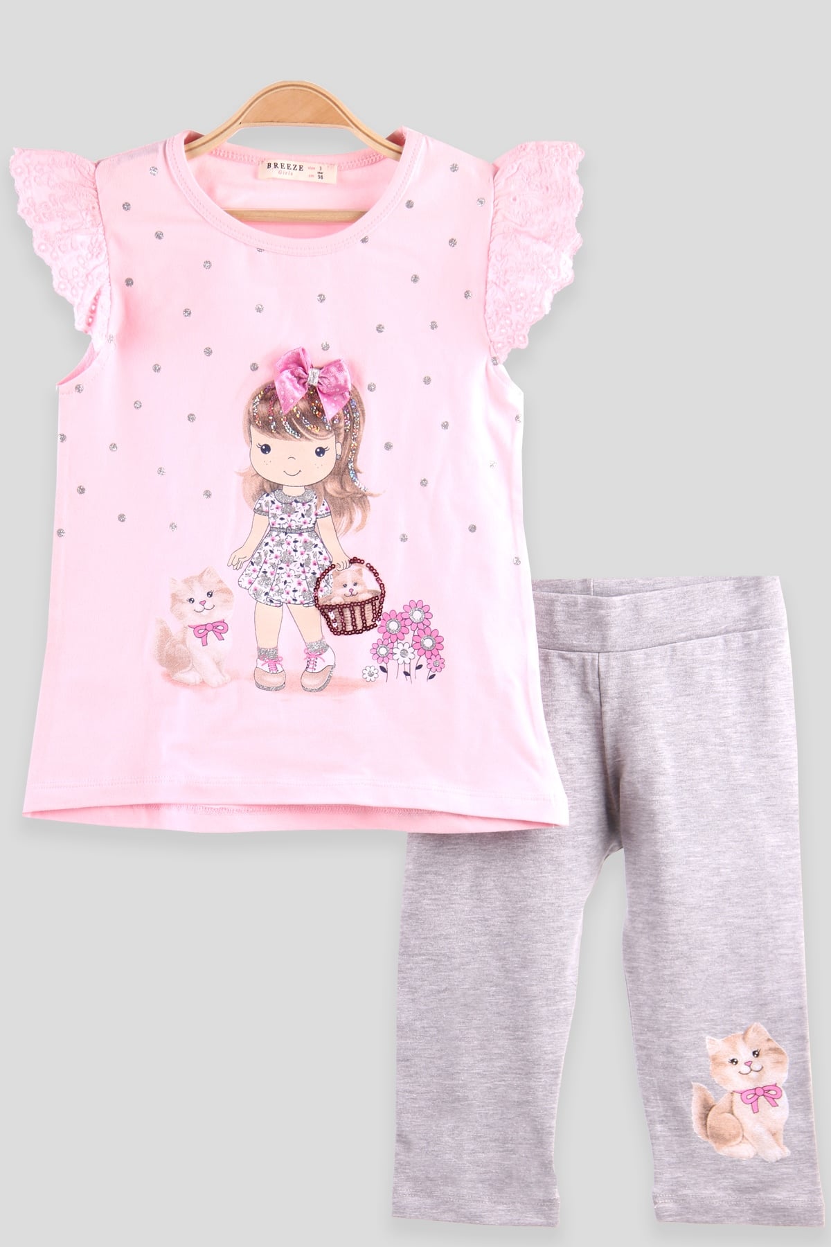 Breeze Kız Çocuk Kapri Takım Simli Fiyonklu Pembe (2-6 Yaş)