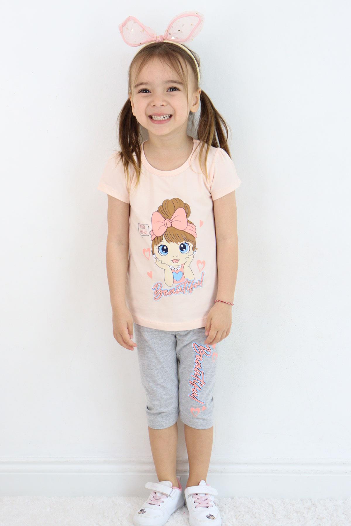 Breeze Kız Çocuk Kapri Tayt Takım Güzel Kız Baskılı Pudra (1.5-5 Yaş)