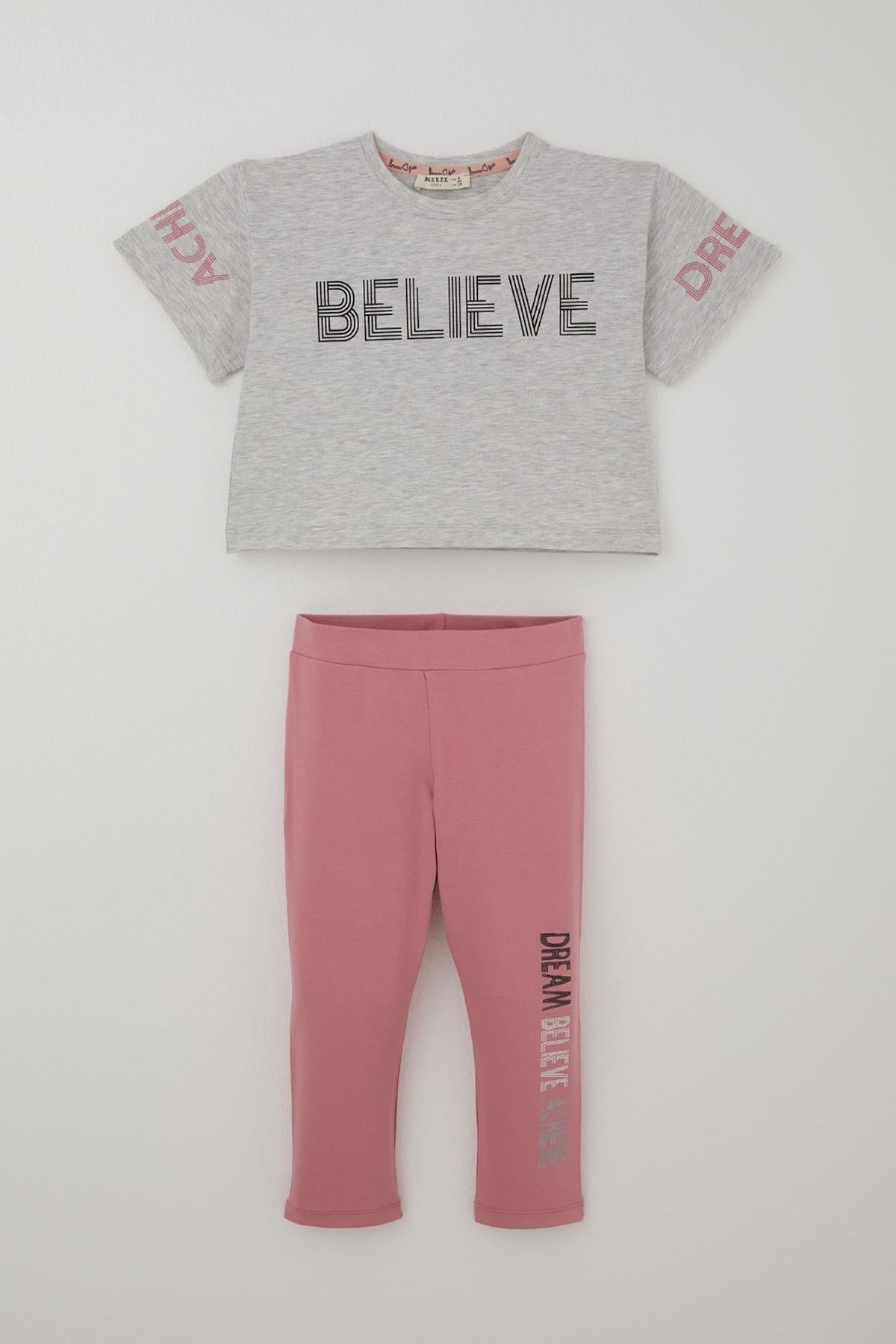 Breeze Kız Çocuk Kapri Taytlı Crop Takım Yazı Baskılı Açık Gri Melanj (8-12 Yaş)
