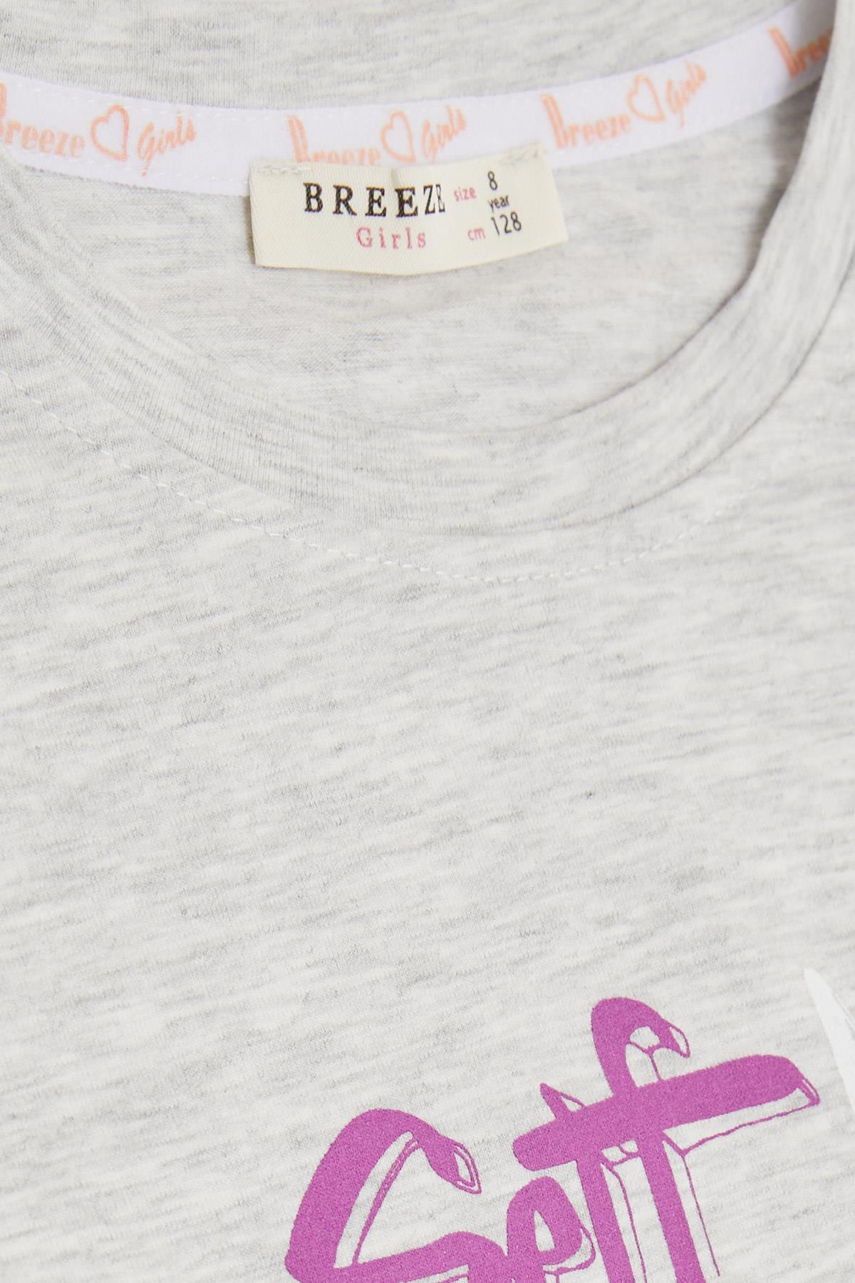 Breeze Kız Çocuk Kapri Taytlı Crop Takım Simli Ayıcık Baskılı Açık Gri Melanj (6-10 Yaş)