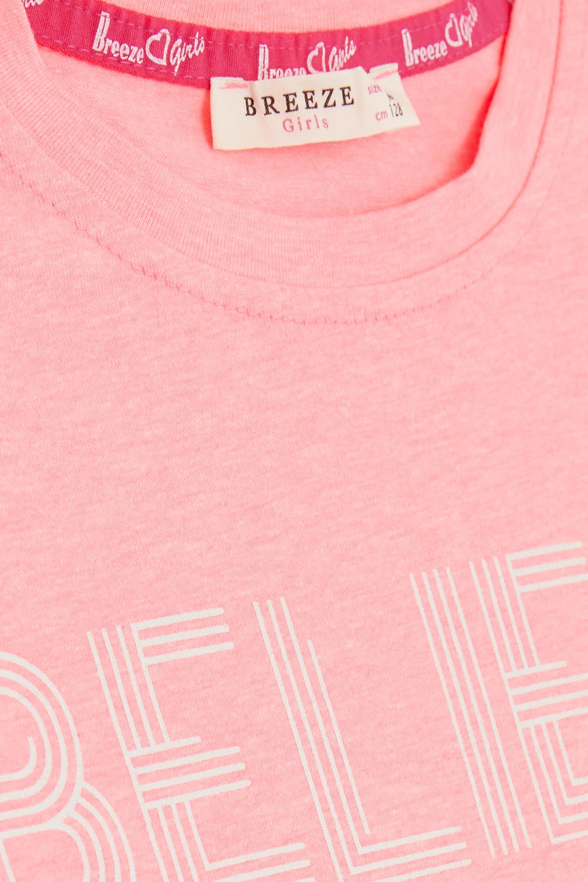 Breeze Kız Çocuk Kapri Taytlı Crop Takım Yazı Baskılı Neon Pembe (8-12 Yaş)