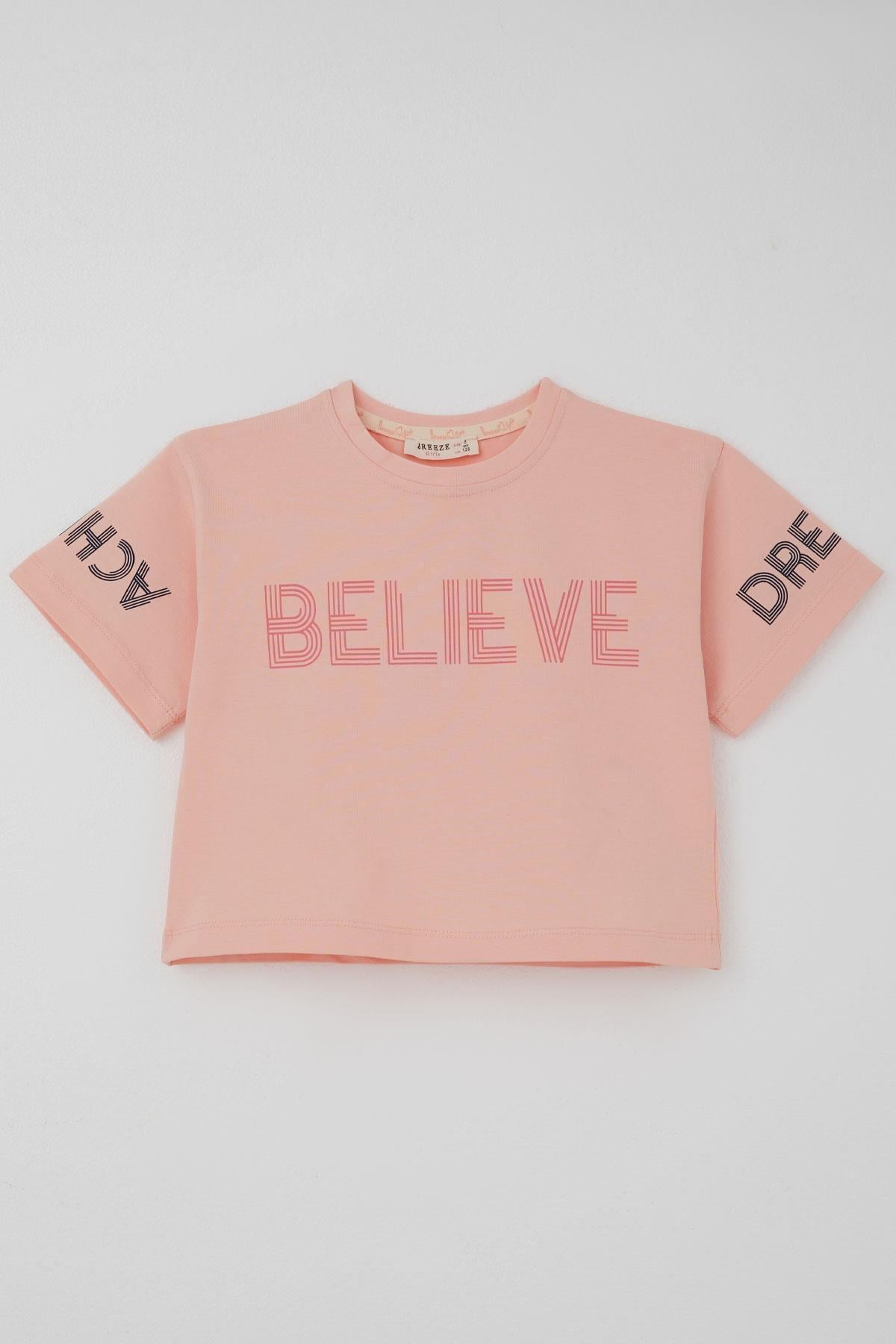 Breeze Kız Çocuk Kapri Taytlı Crop Takım Yazı Baskılı Somon (8-12 Yaş)