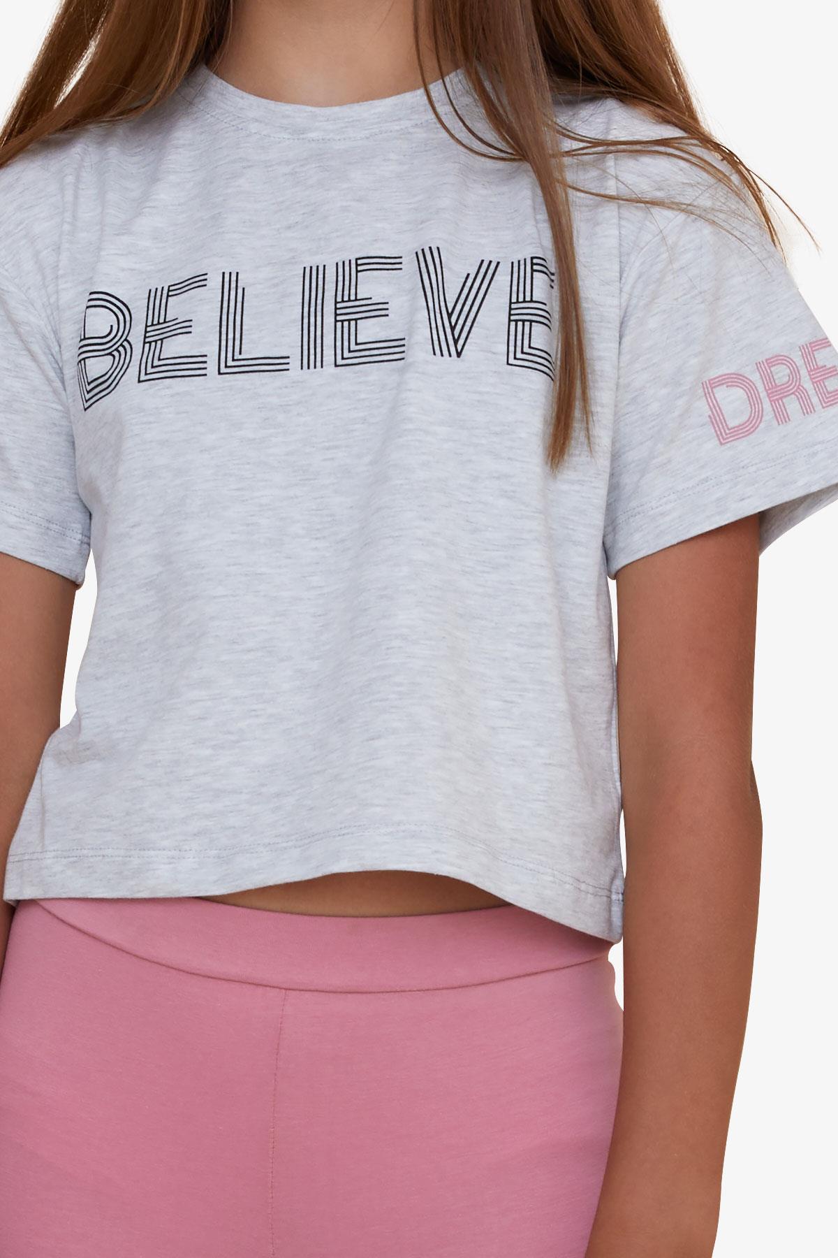 Breeze Kız Çocuk Kapri Taytlı Crop Takım Yazı Baskılı Açık Gri Melanj (8-12 Yaş)