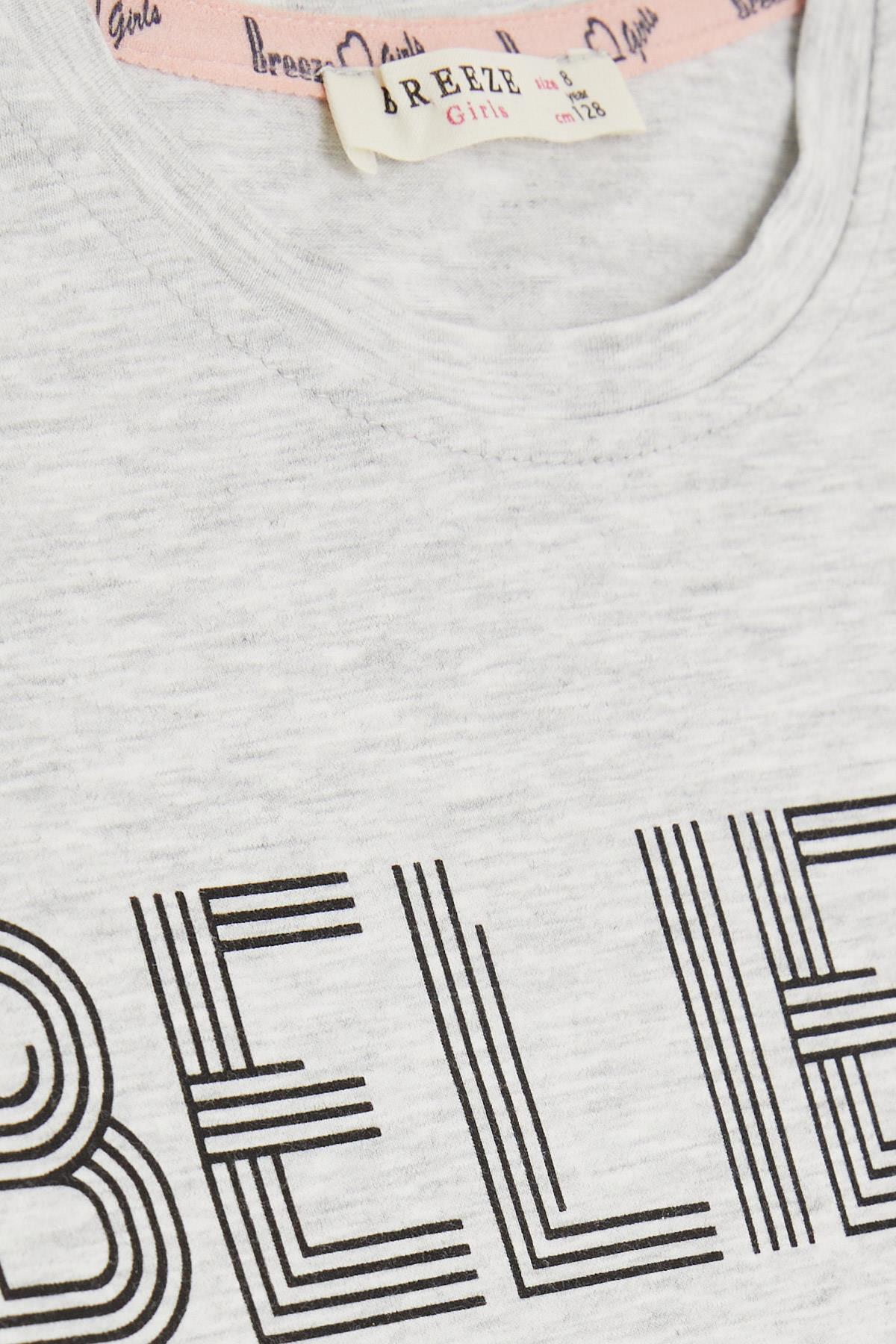 Breeze Kız Çocuk Kapri Taytlı Crop Takım Yazı Baskılı Açık Gri Melanj (8-12 Yaş)