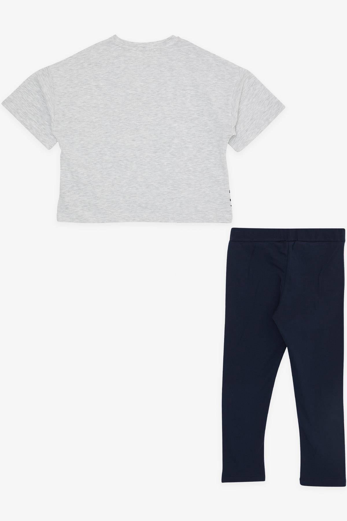 Breeze Kız Çocuk Kapri Taytlı Crop Takım Yazı Baskılı Açık Gri Melanj (9-14 Yaş)