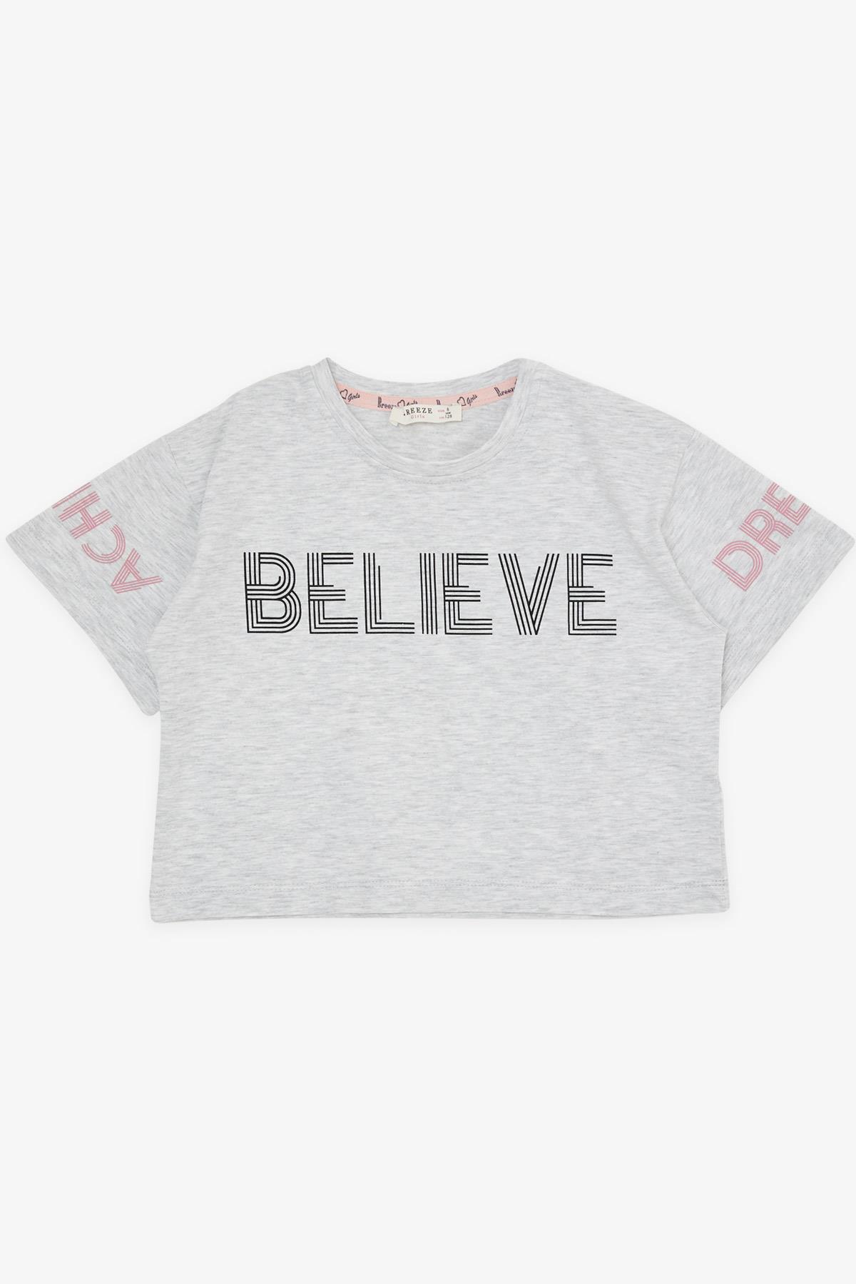 Breeze Kız Çocuk Kapri Taytlı Crop Takım Yazı Baskılı Açık Gri Melanj (8-12 Yaş)