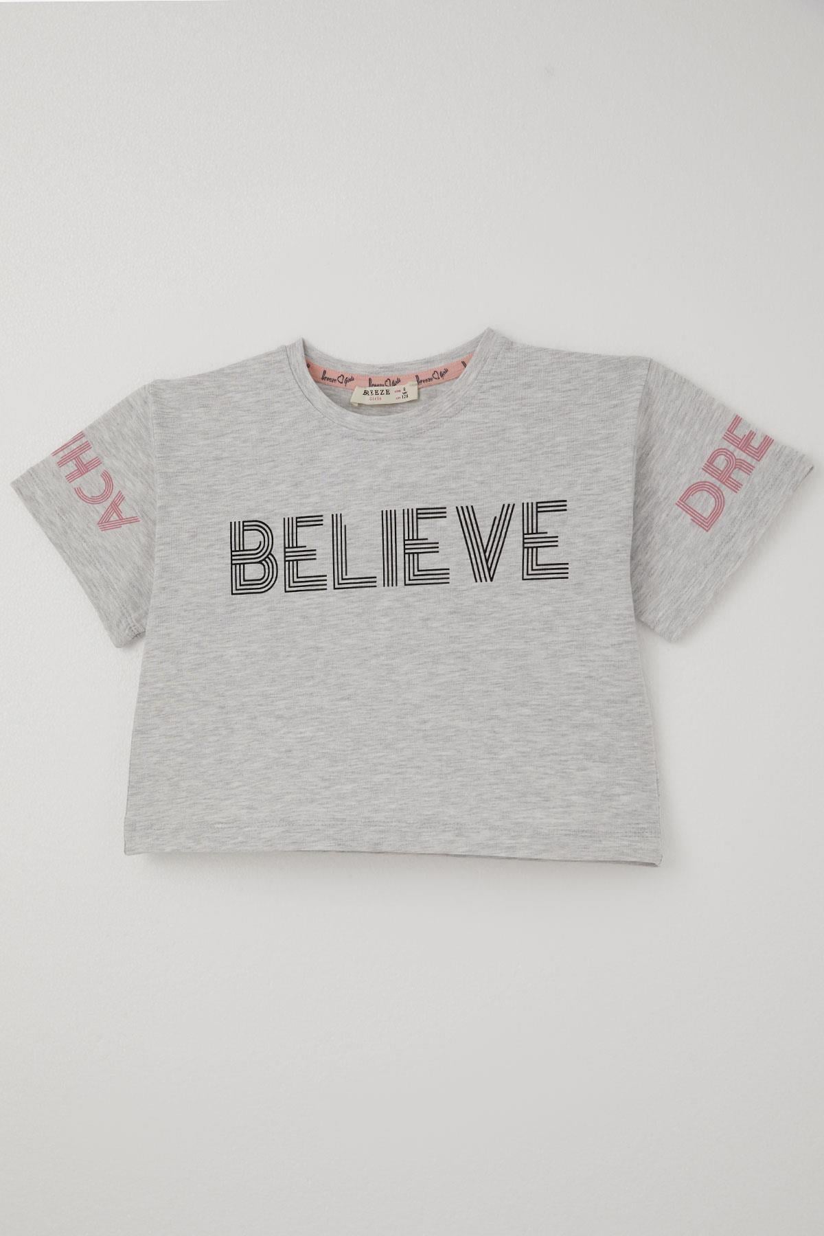 Breeze Kız Çocuk Kapri Taytlı Crop Takım Yazı Baskılı Açık Gri Melanj (8-12 Yaş)
