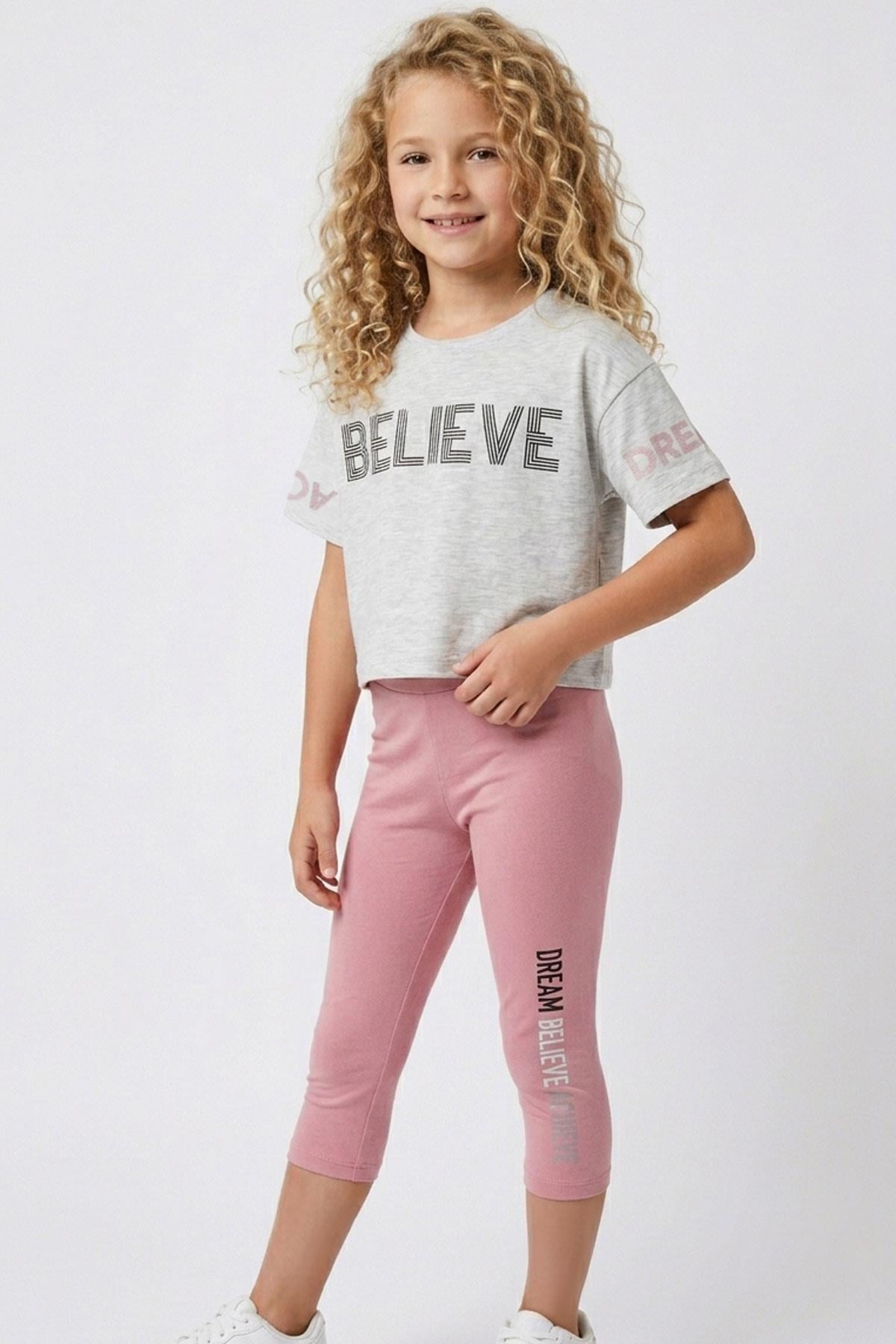 Breeze Kız Çocuk Kapri Taytlı Crop Takım Yazı Baskılı Açık Gri Melanj (8-12 Yaş)