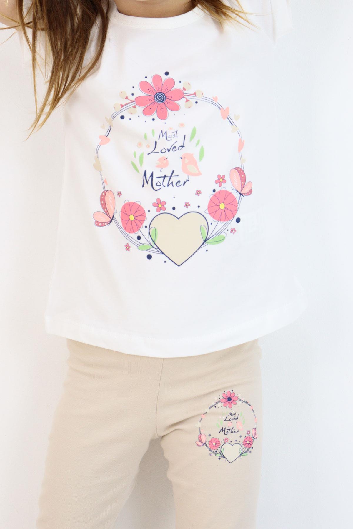 Breeze Kız Çocuk Kapri Taytlı Takım Anne Sevgisi Temalı Çiçek Baskılı Ekru (1.5-5 Yaş)