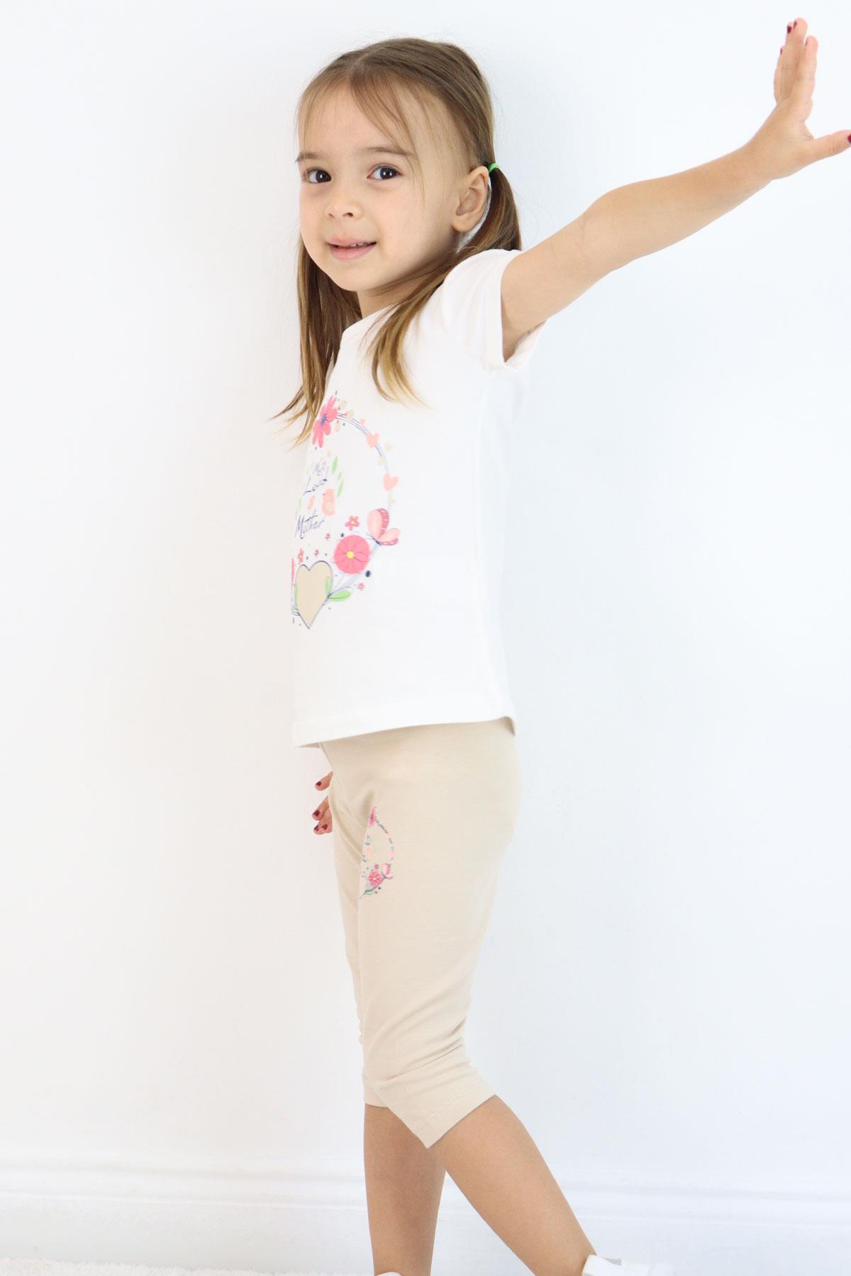 Breeze Kız Çocuk Kapri Taytlı Takım Anne Sevgisi Temalı Çiçek Baskılı Ekru (1.5-5 Yaş)
