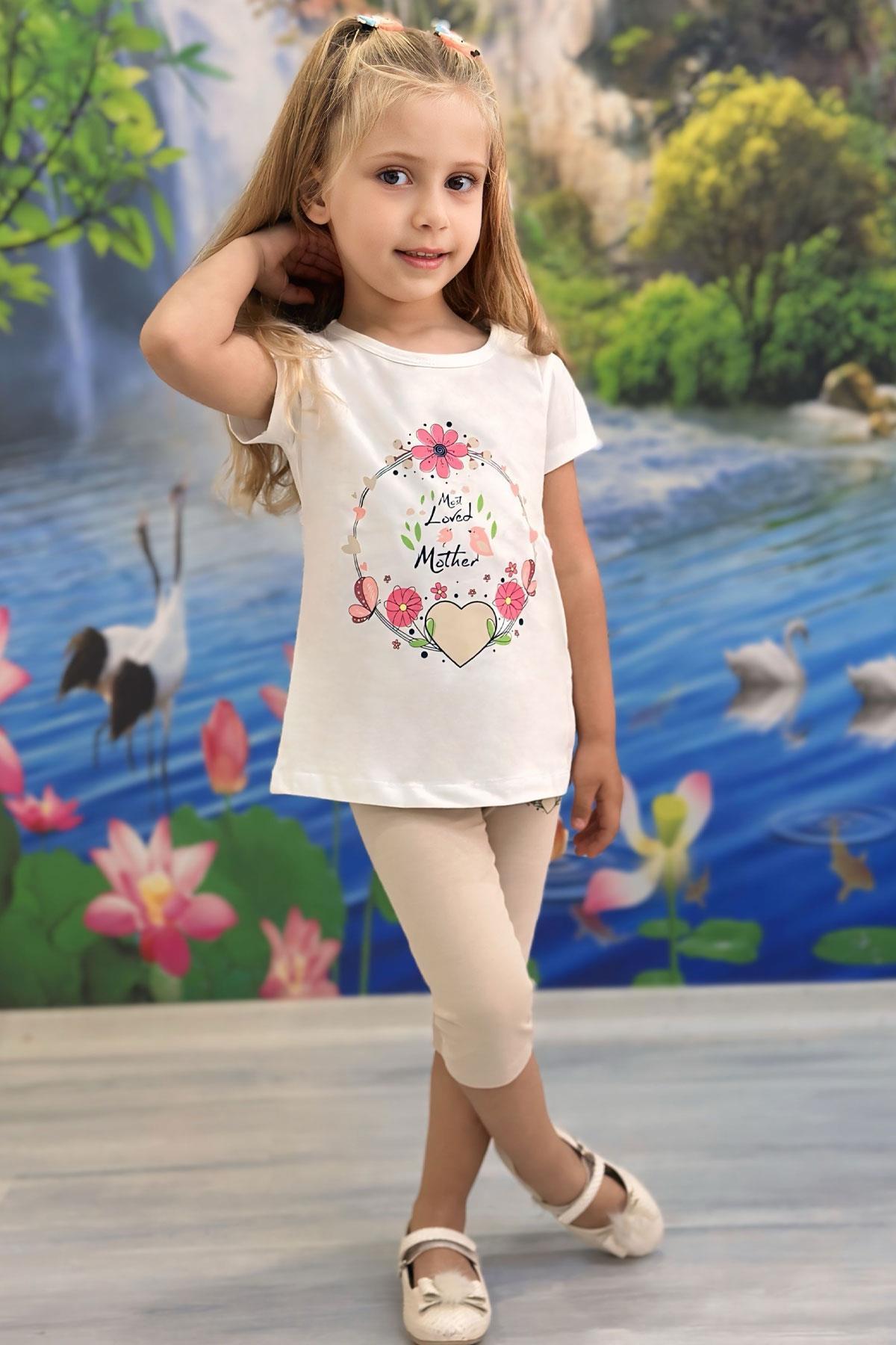 Breeze Kız Çocuk Kapri Taytlı Takım Anne Sevgisi Temalı Çiçek Baskılı Ekru (1.5-5 Yaş)