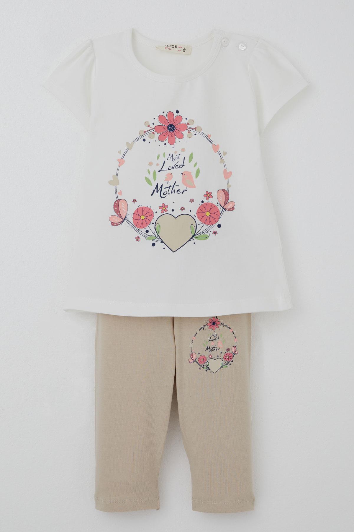 Breeze Kız Çocuk Kapri Taytlı Takım Anne Sevgisi Temalı Çiçek Baskılı Ekru (1.5-5 Yaş)