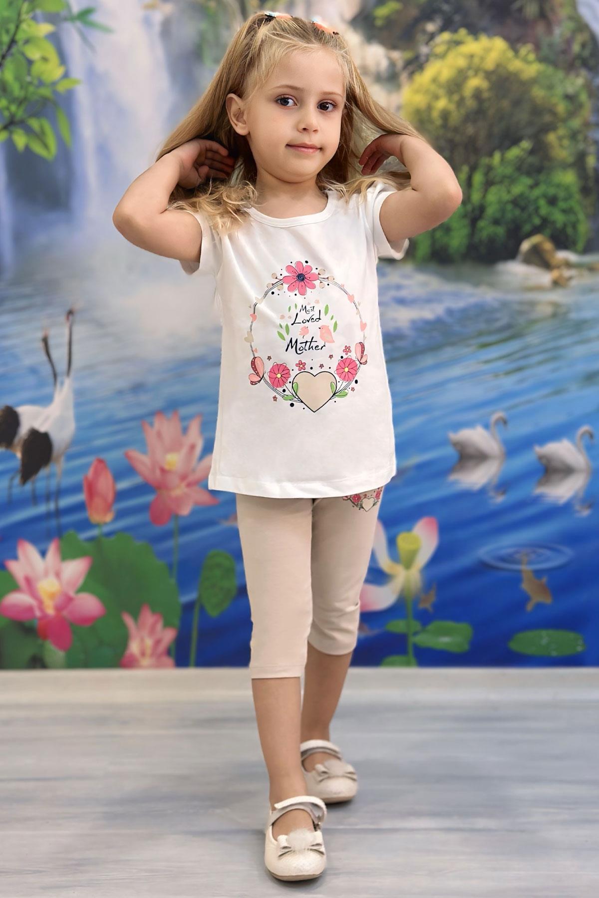 Breeze Kız Çocuk Kapri Taytlı Takım Anne Sevgisi Temalı Çiçek Baskılı Ekru (1.5-5 Yaş)