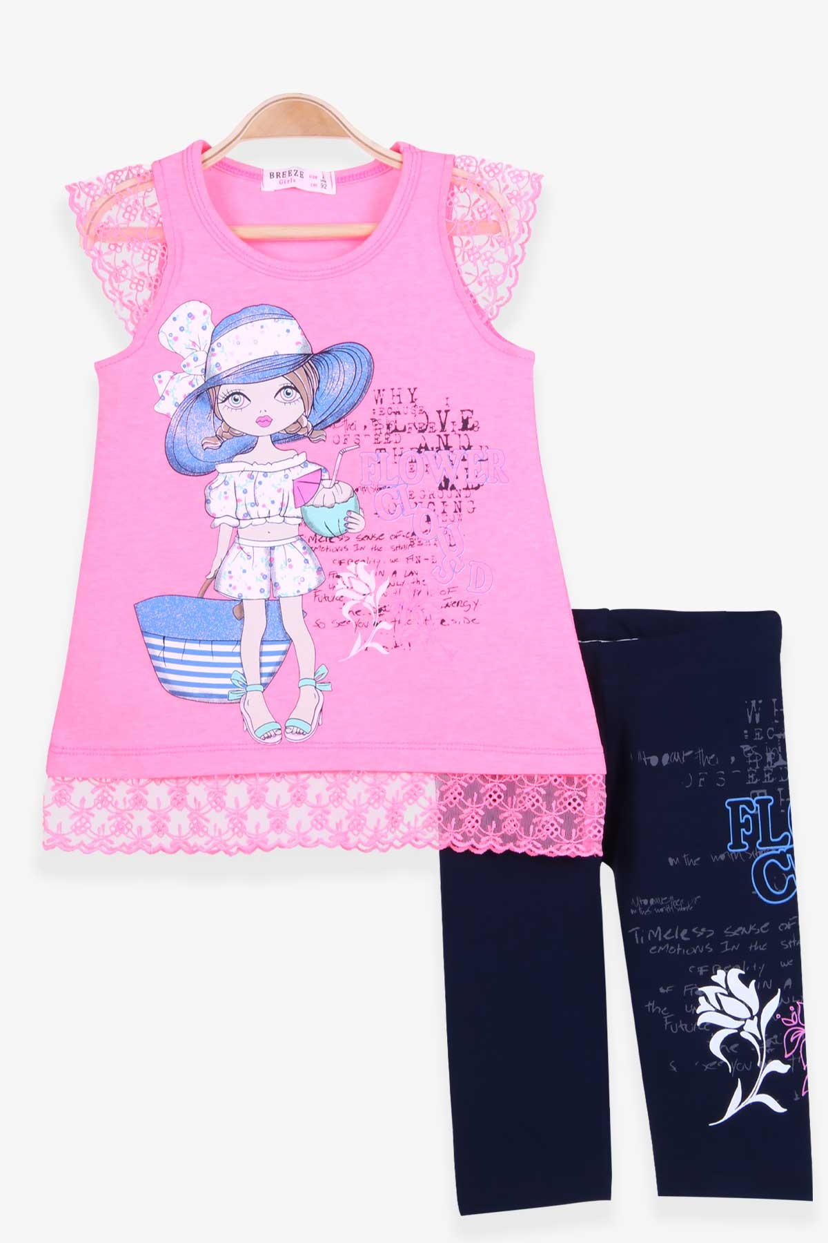 Breeze Kız Çocuk Kapri Taytlı Takım Baskılı Neon Pembe (2-6 Yaş)