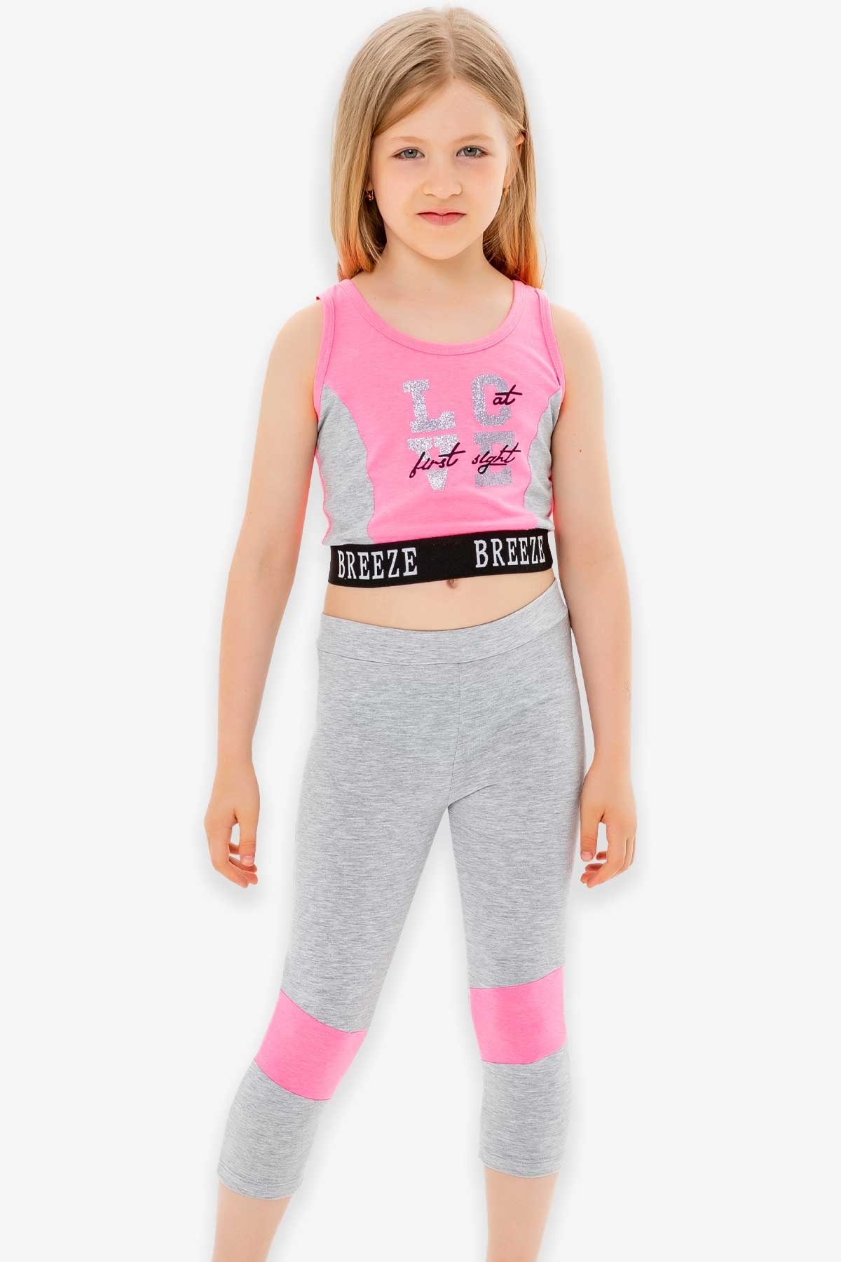 Breeze Kız Çocuk Kapri Taytlı Takım Baskılı Şeritli Neon Pembe (8-14 Yaş)