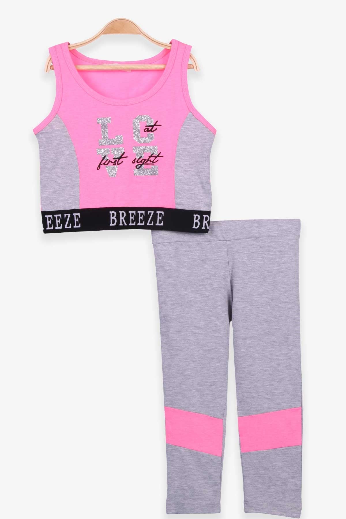 Breeze Kız Çocuk Kapri Taytlı Takım Baskılı Şeritli Neon Pembe (8-14 Yaş)