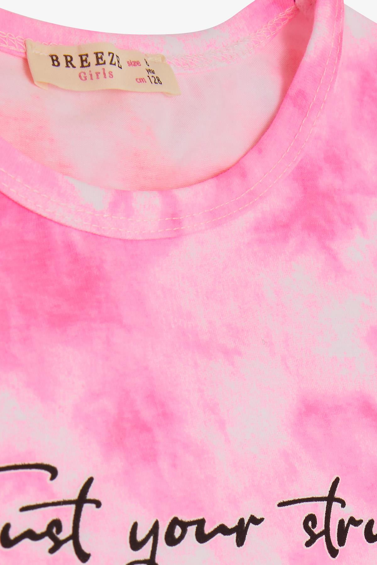 Breeze Kız Çocuk Kapri Taytlı Takım Batik Desenli Yazı Baskılı Neon Pembe (8-14 Yaş)