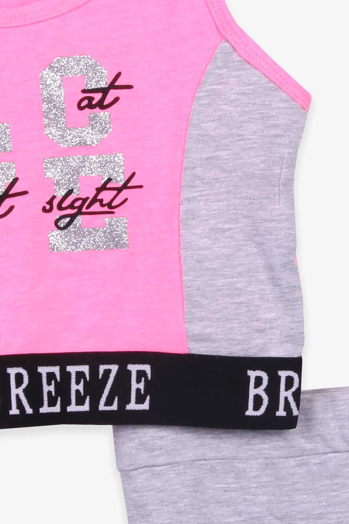 Breeze Kız Çocuk Kapri Taytlı Takım Baskılı Şeritli Neon Pembe (8-14 Yaş)