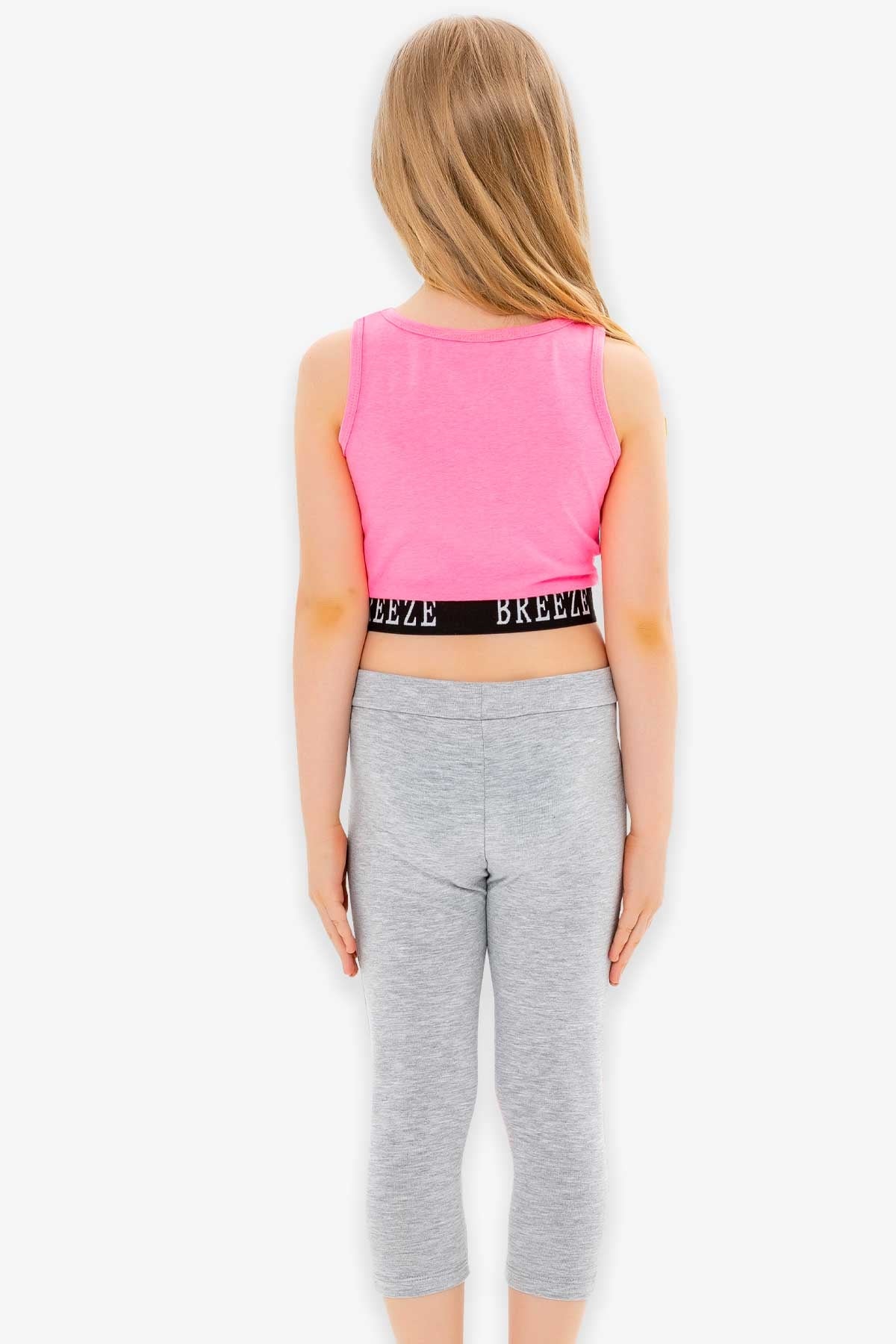 Breeze Kız Çocuk Kapri Taytlı Takım Baskılı Şeritli Neon Pembe (8-14 Yaş)