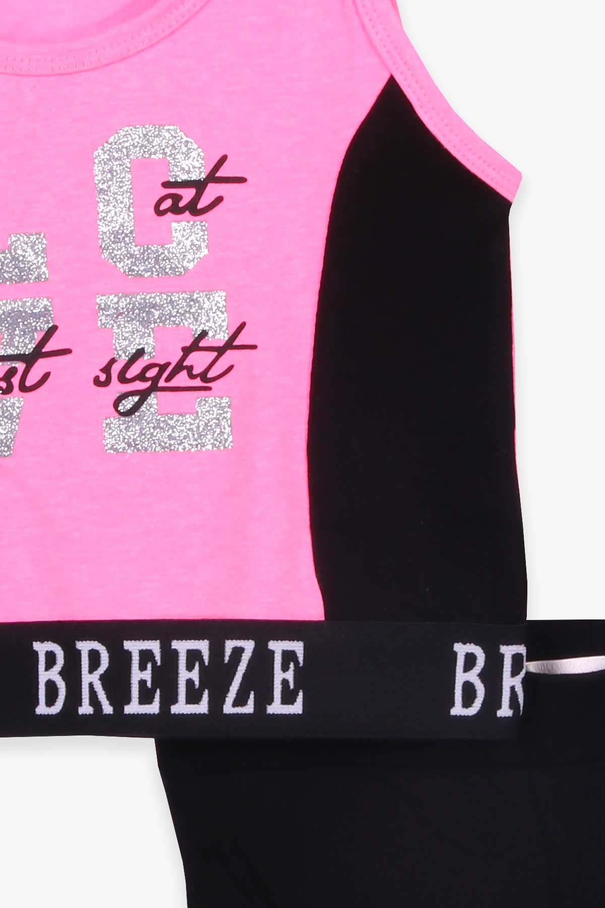 Breeze Kız Çocuk Kapri Taytlı Takım Baskılı Şeritli Neon Pembe (8-14 Yaş)
