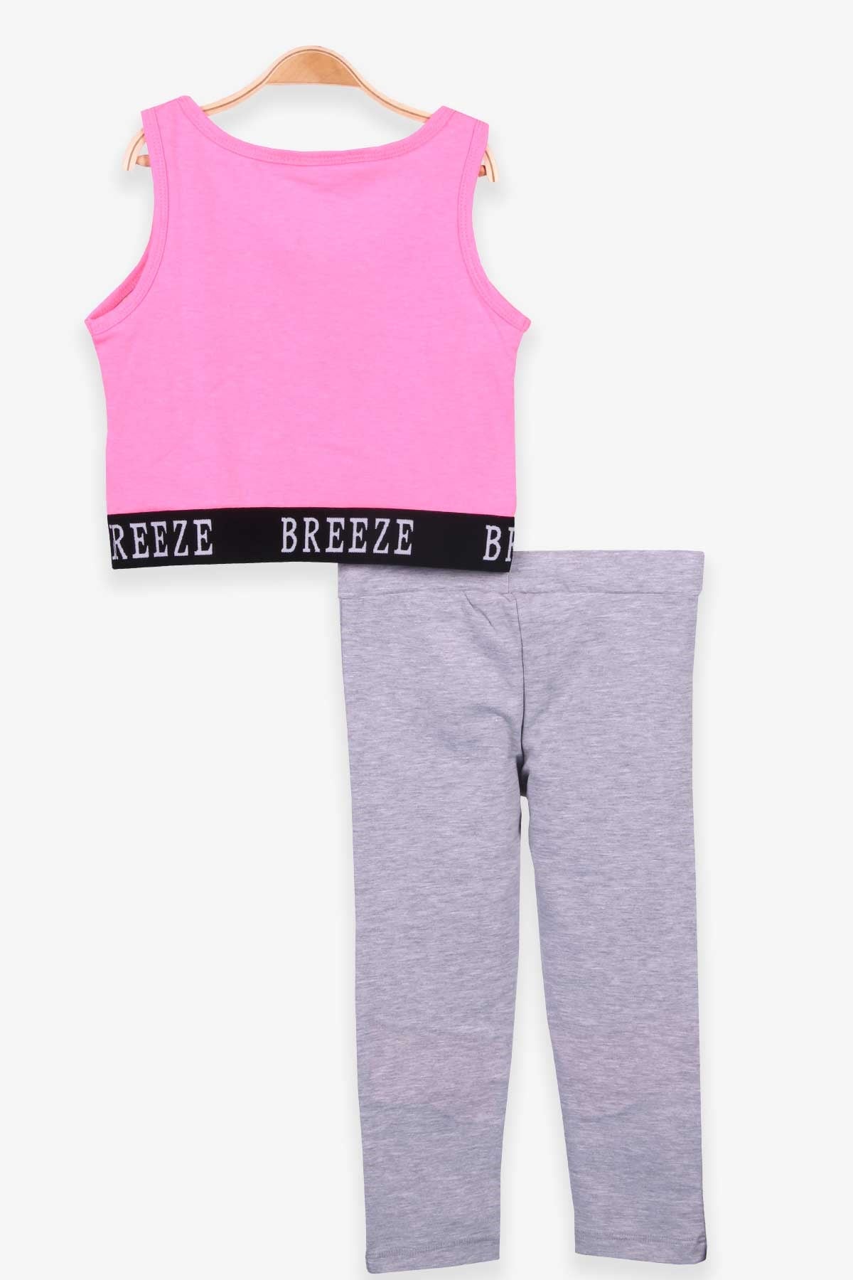 Breeze Kız Çocuk Kapri Taytlı Takım Baskılı Şeritli Neon Pembe (8-14 Yaş)
