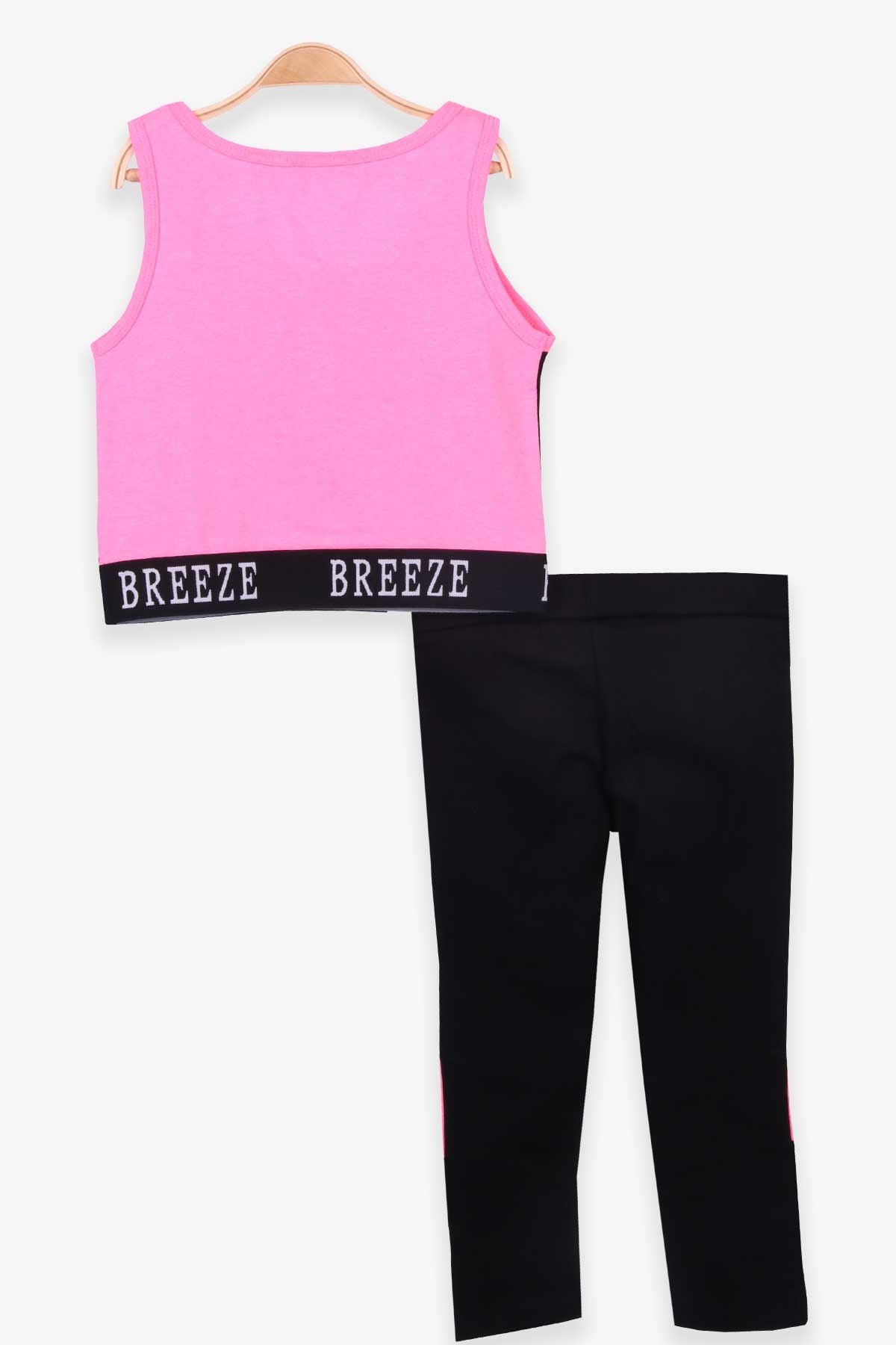 Breeze Kız Çocuk Kapri Taytlı Takım Baskılı Şeritli Neon Pembe (8-14 Yaş)