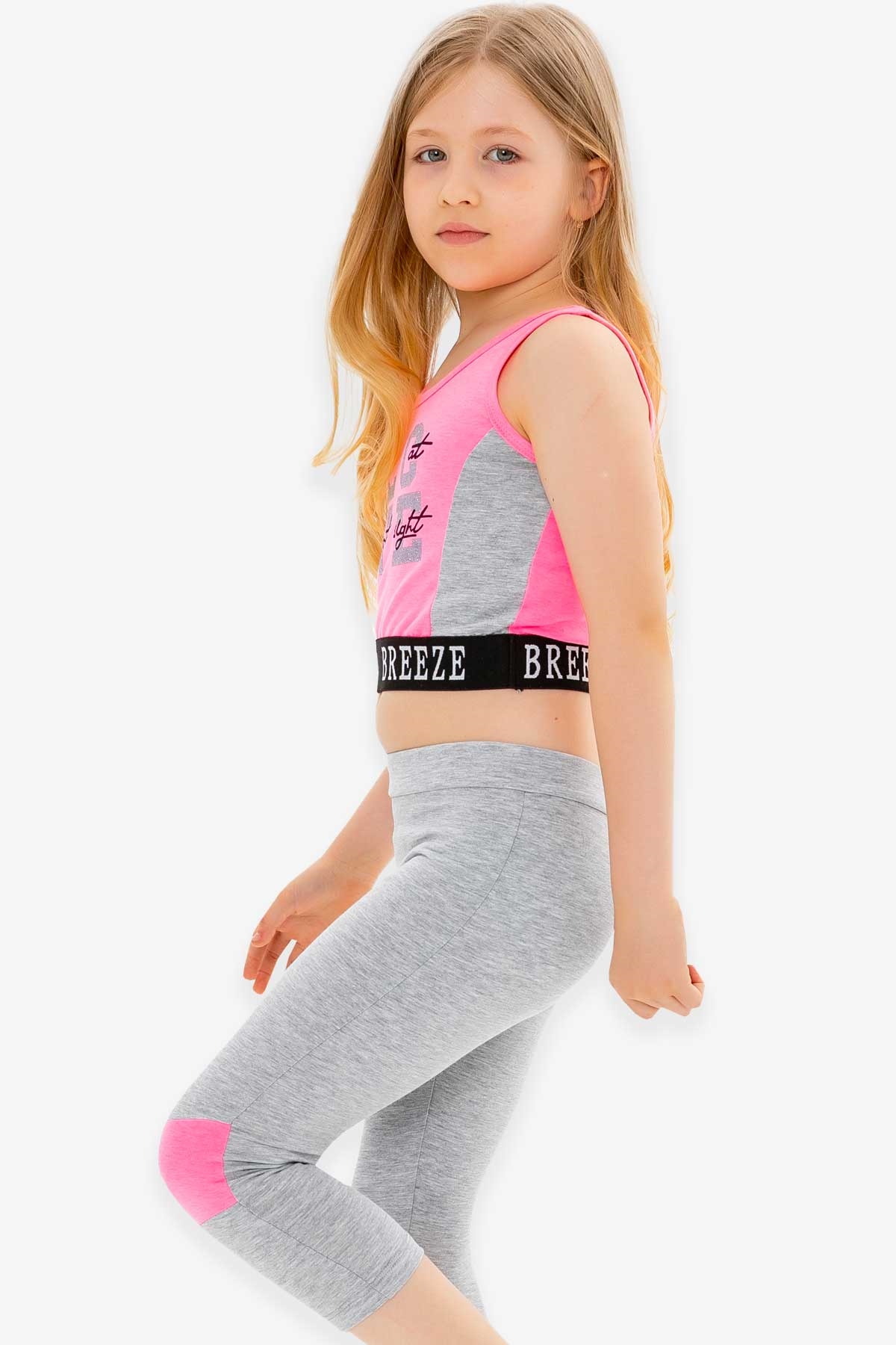 Breeze Kız Çocuk Kapri Taytlı Takım Baskılı Şeritli Neon Pembe (8-14 Yaş)