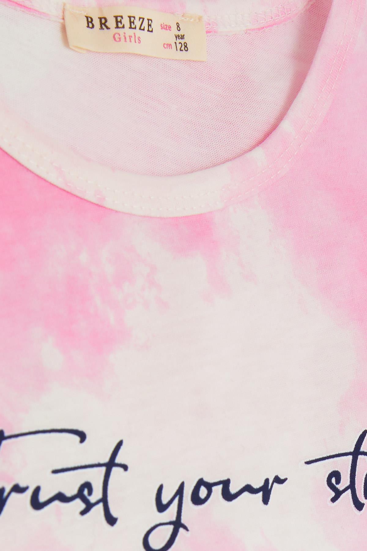 Breeze Kız Çocuk Kapri Taytlı Takım Batik Desenli Yazı Baskılı Pembe (8-14 Yaş)