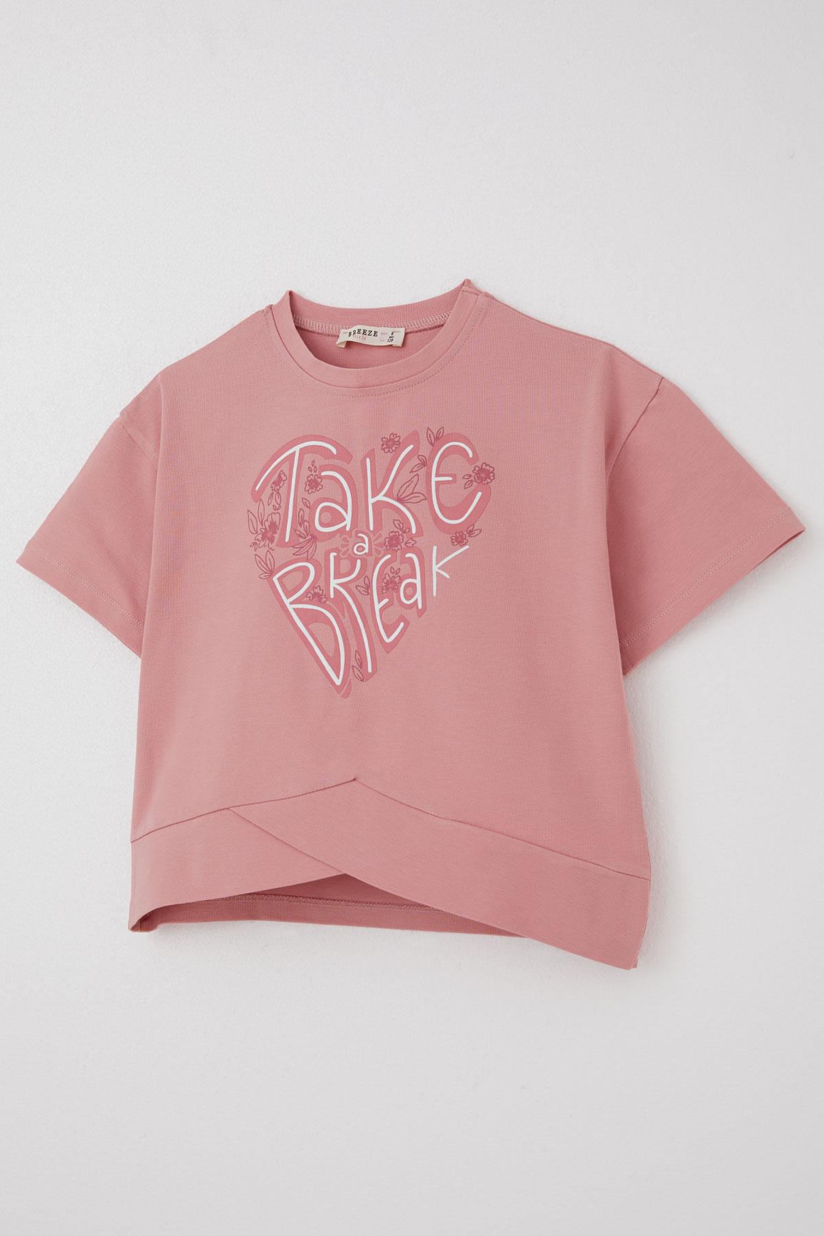 Breeze Kız Çocuk Kapri Taytlı Takım Çapraz Detay Yazı Baskılı Gülkurusu (8-14 Yaş)