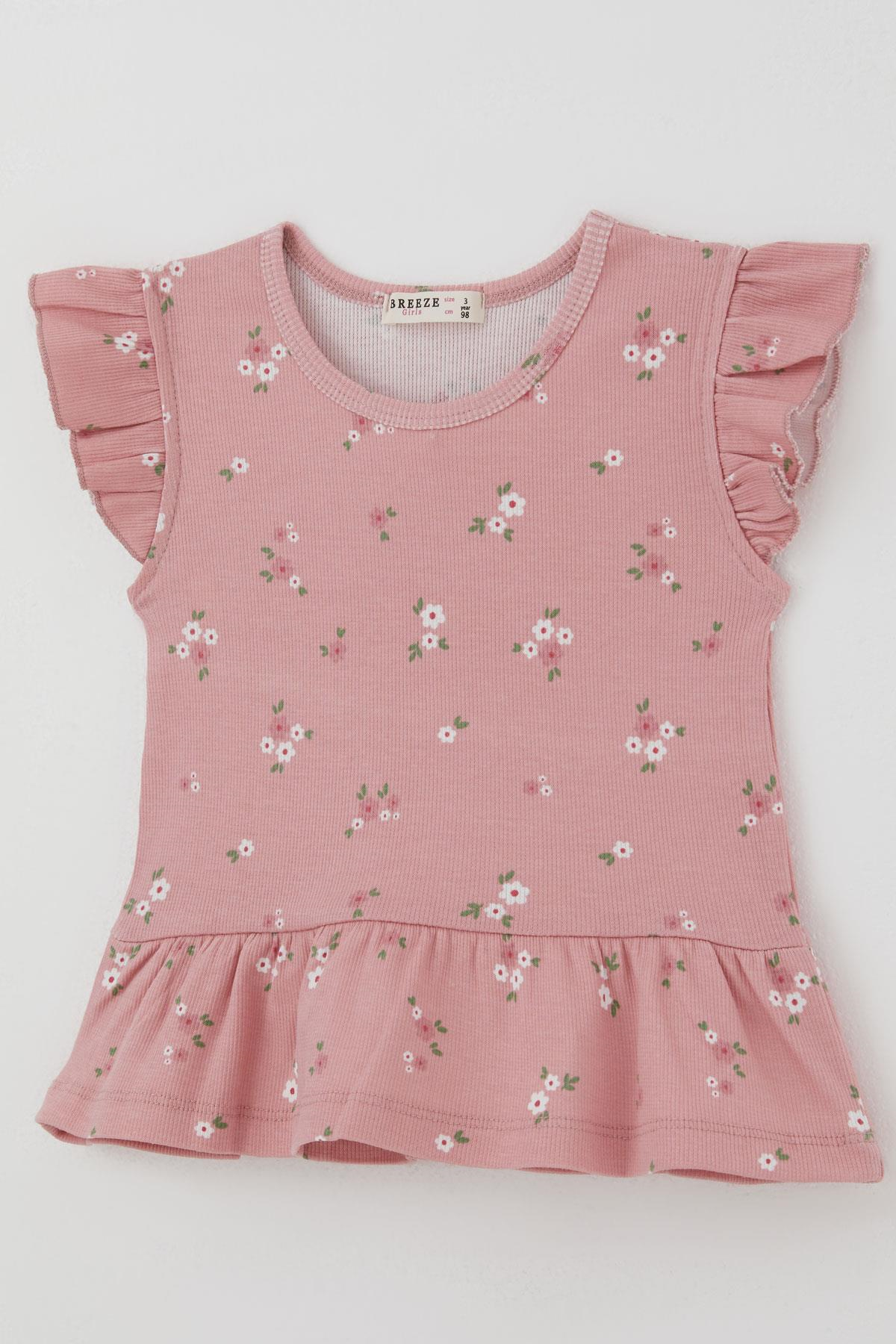 Breeze Kız Çocuk Kapri Taytlı Takım Çiçek Desenli Gülkurusu (1.5-5 Yaş)