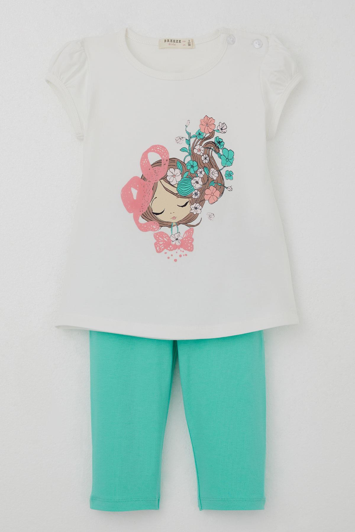 Breeze Kız Çocuk Kapri Taytlı Takım Çiçekli Kız Baskılı Ekru (1.5-5 Yaş)