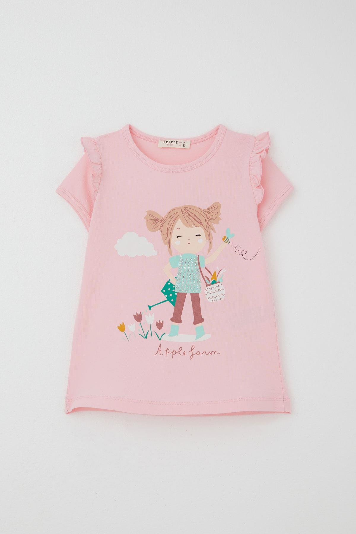 Breeze Kız Çocuk Kapri Taytlı Takım Çiftçi Kız Baskılı Pembe (1-4 Yaş)