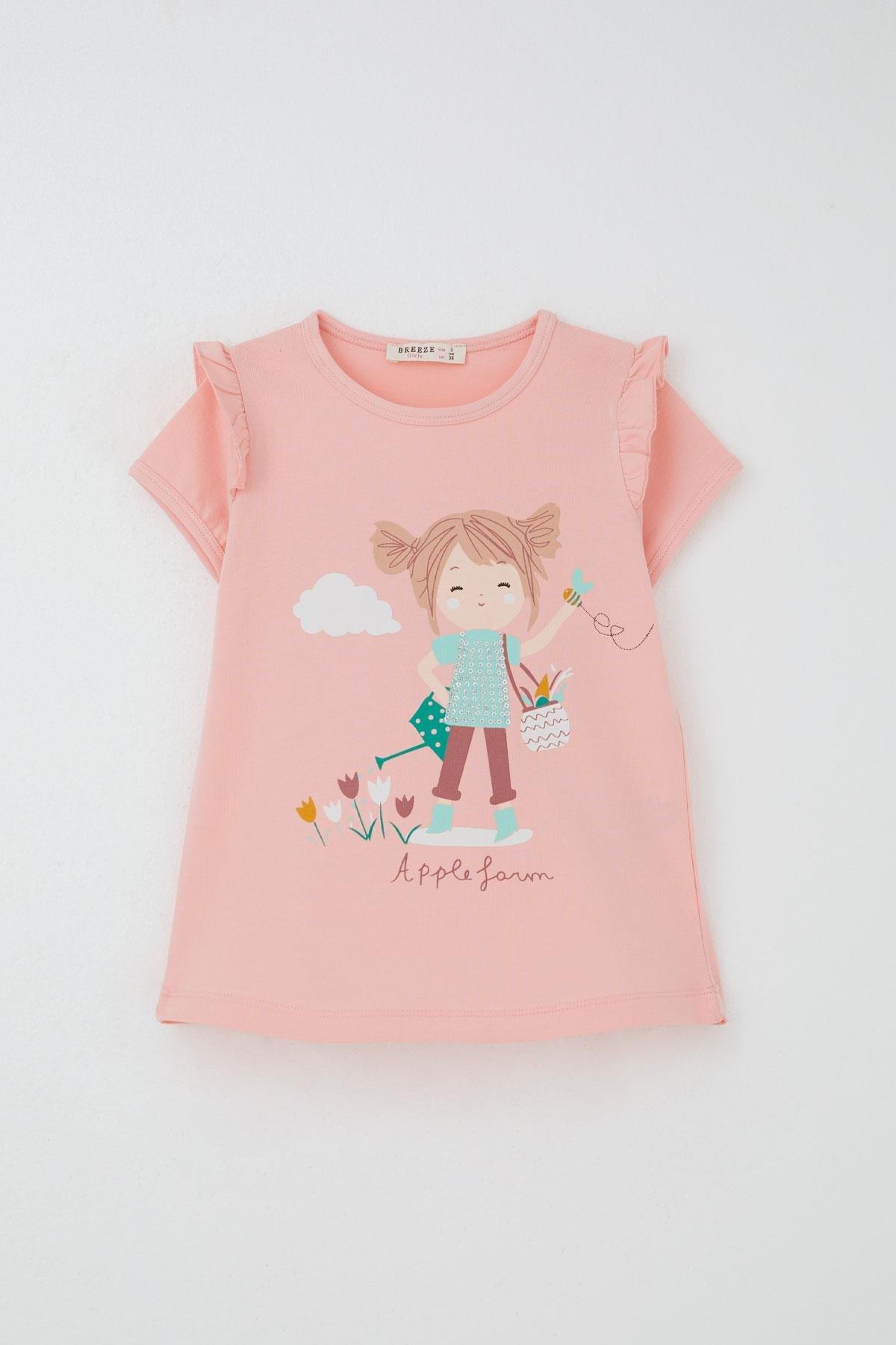 Breeze Kız Çocuk Kapri Taytlı Takım Çiftçi Kız Baskılı Somon (1-4 Yaş)