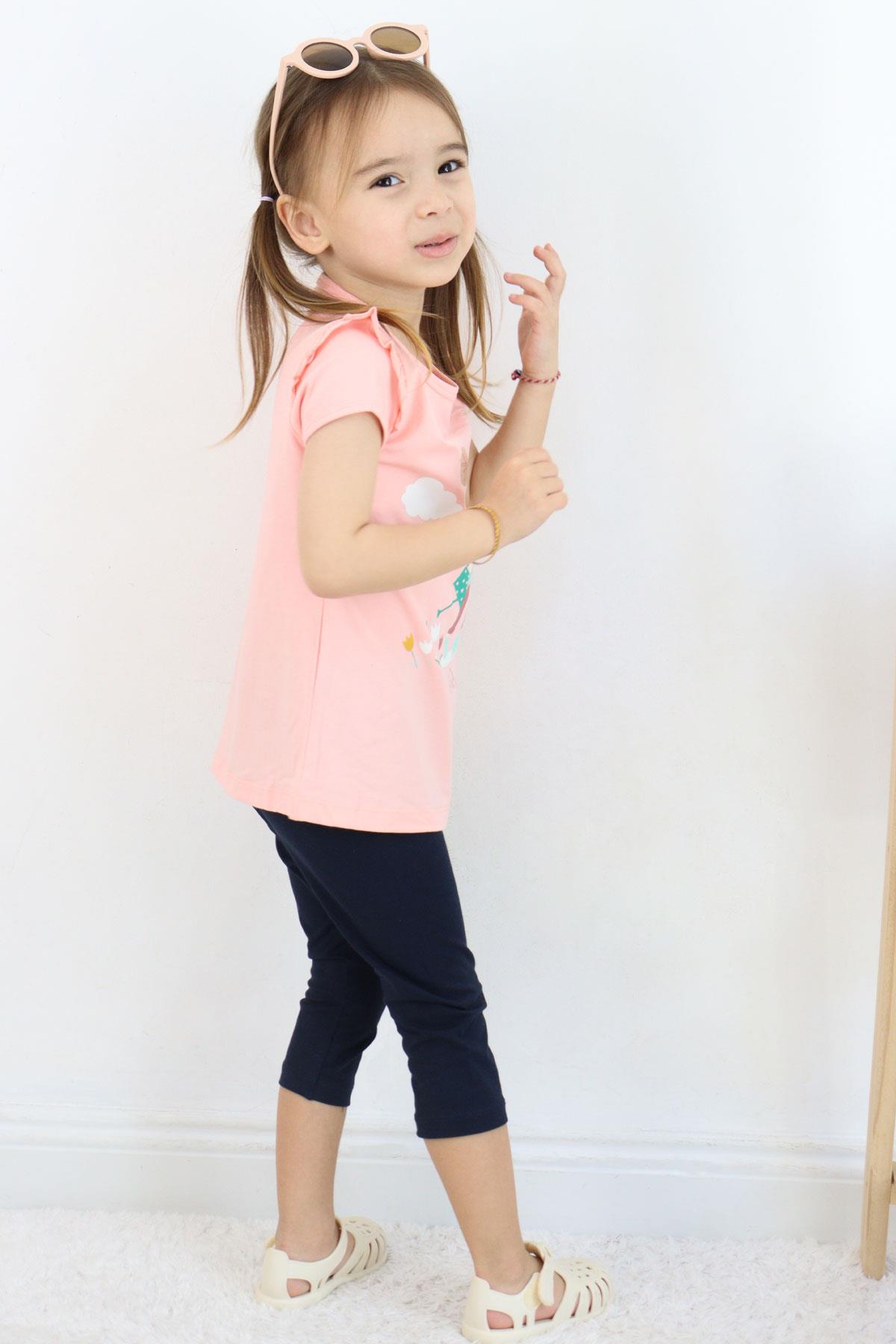 Breeze Kız Çocuk Kapri Taytlı Takım Çiftçi Kız Baskılı Somon (1-4 Yaş)