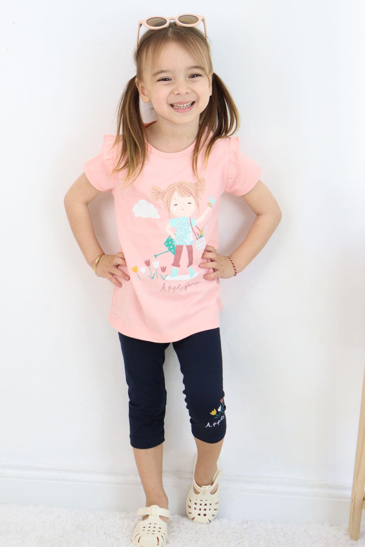 Breeze Kız Çocuk Kapri Taytlı Takım Çiftçi Kız Baskılı Somon (1-4 Yaş)